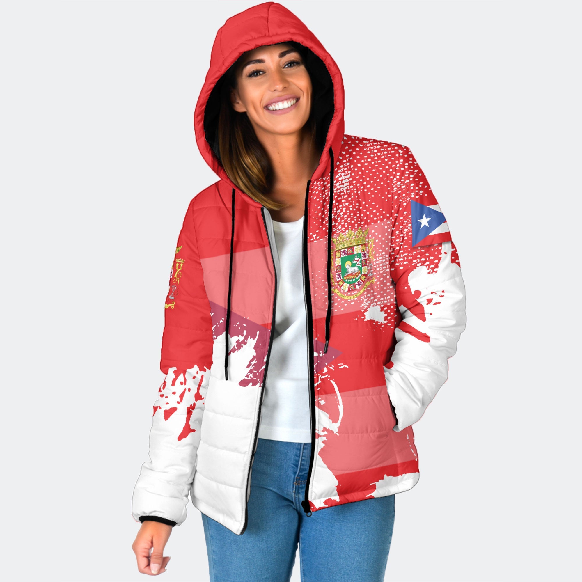 Puerto Rico Women Hooded Padded Jacket Flag & Coat Of Arms Paint Style