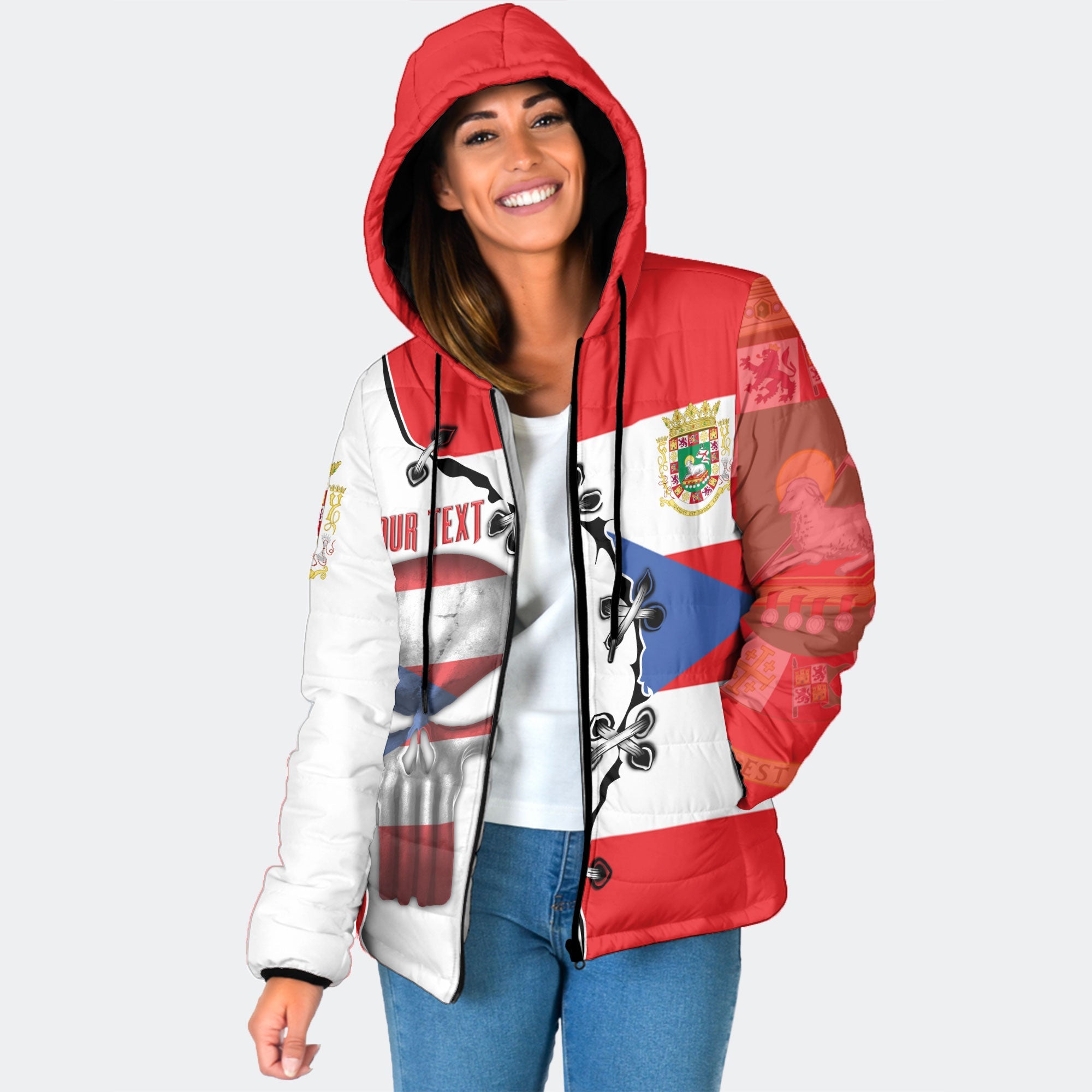 Puerto Rico Women Hooded Padded Jacket Flag & Coat Of Arms Skull Style