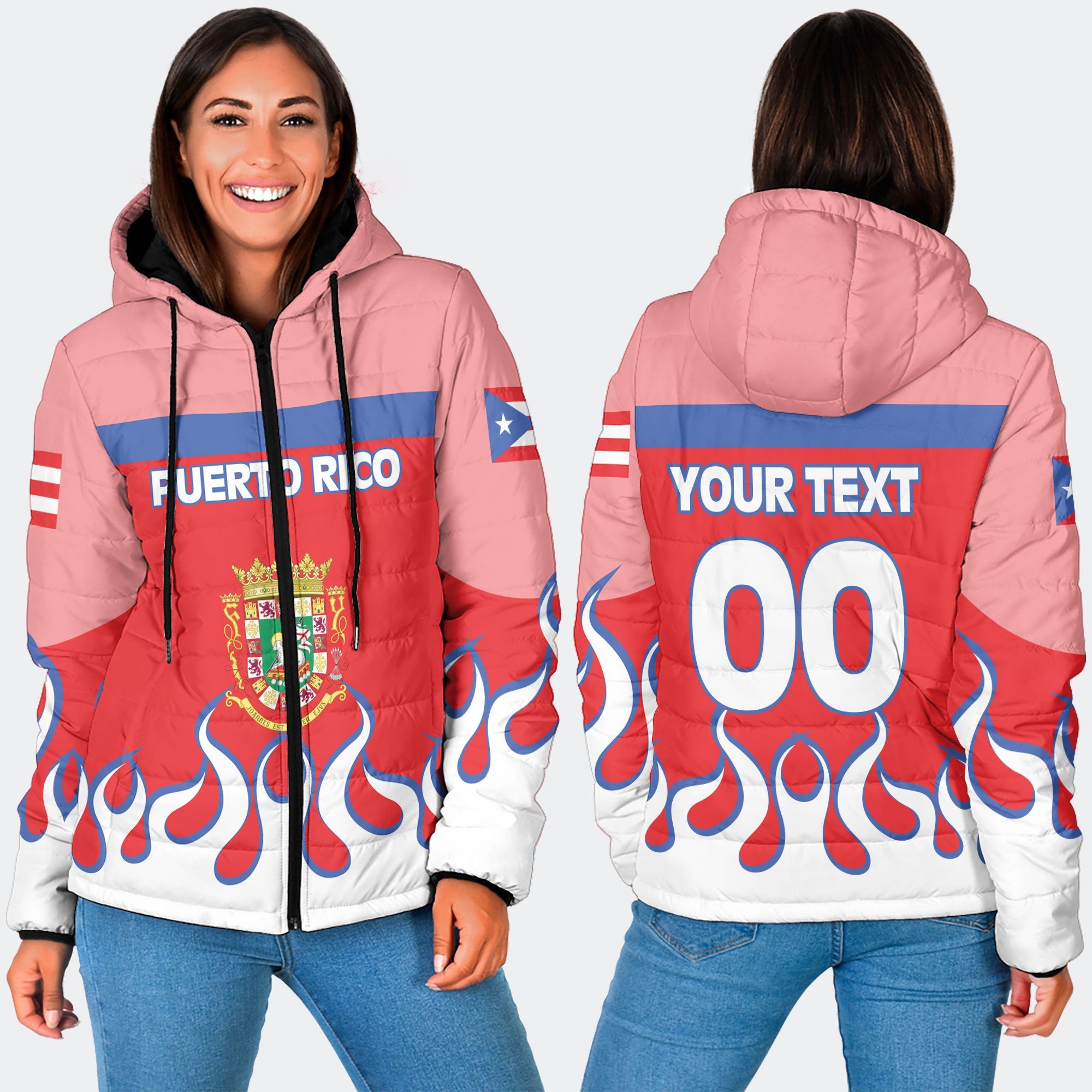 Puerto Rico Women Hooded Padded Jacket Flag & Coat Of Arms Fire Hockey Style