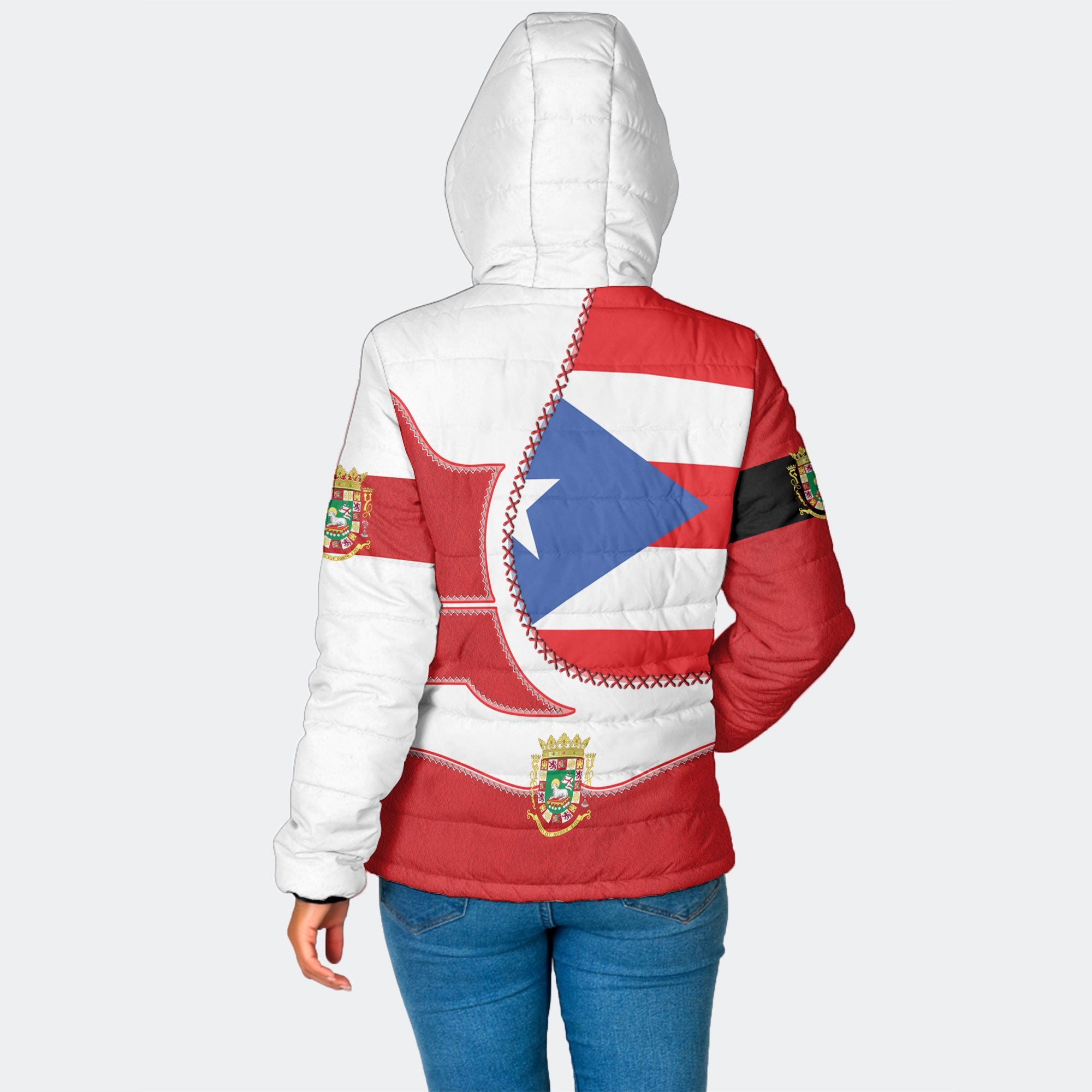 Puerto Rico Women Hooded Padded Jacket Flag & Coat Of Arms Leather Style