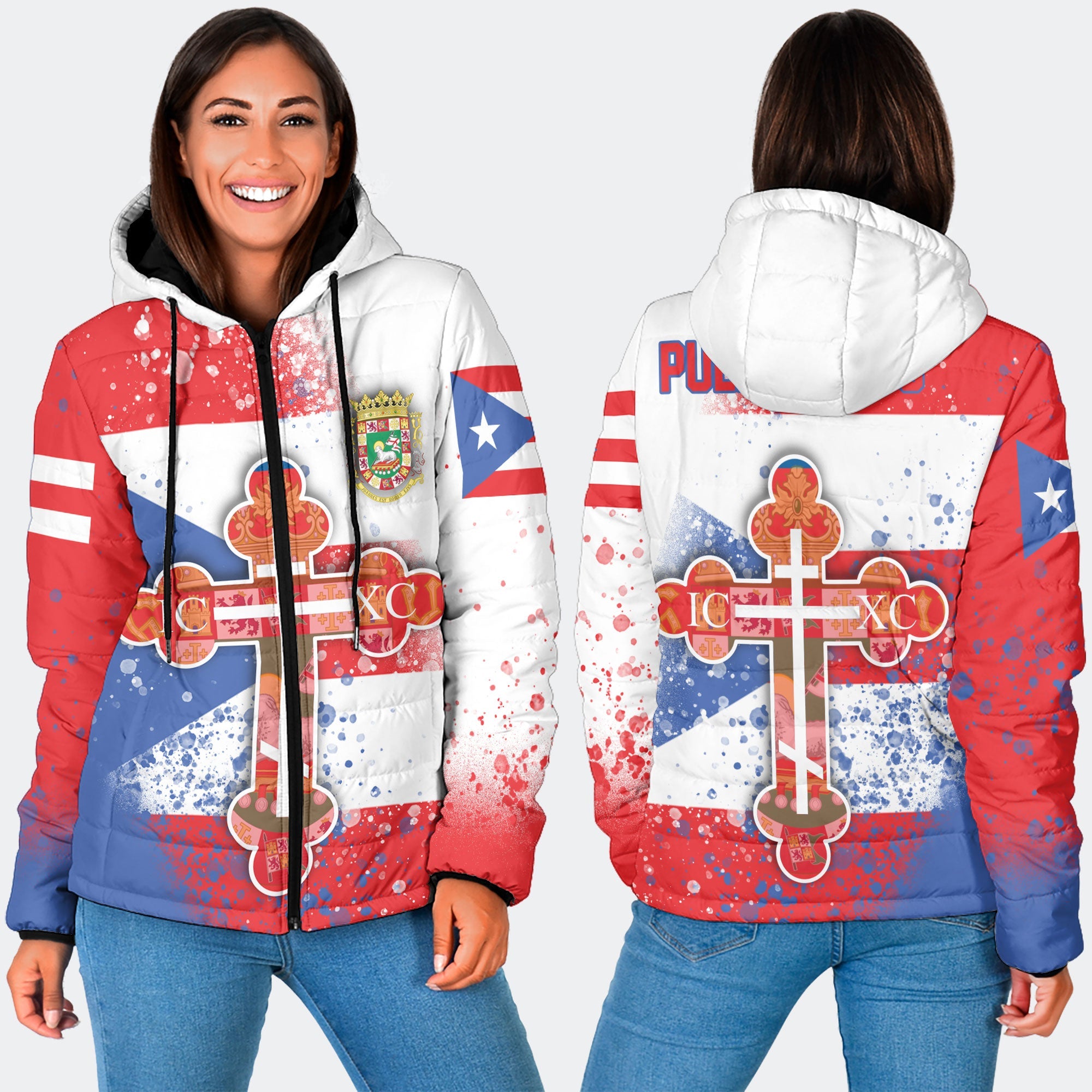 Puerto Rico Women Hooded Padded Jacket Flag & Coat Of Arms Orthodox Style