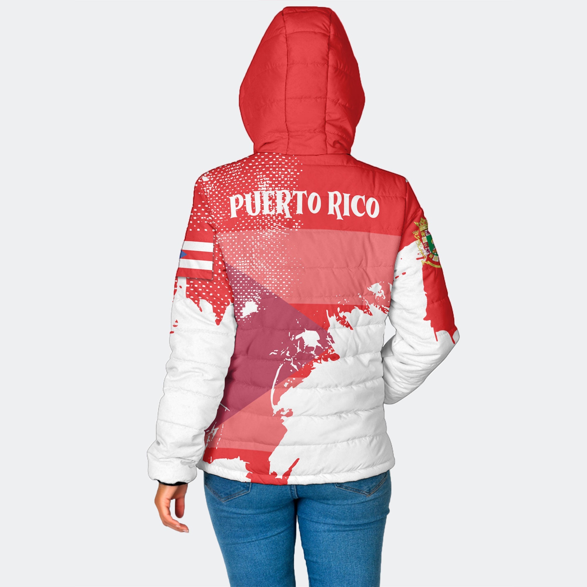 Puerto Rico Women Hooded Padded Jacket Flag & Coat Of Arms Paint Style