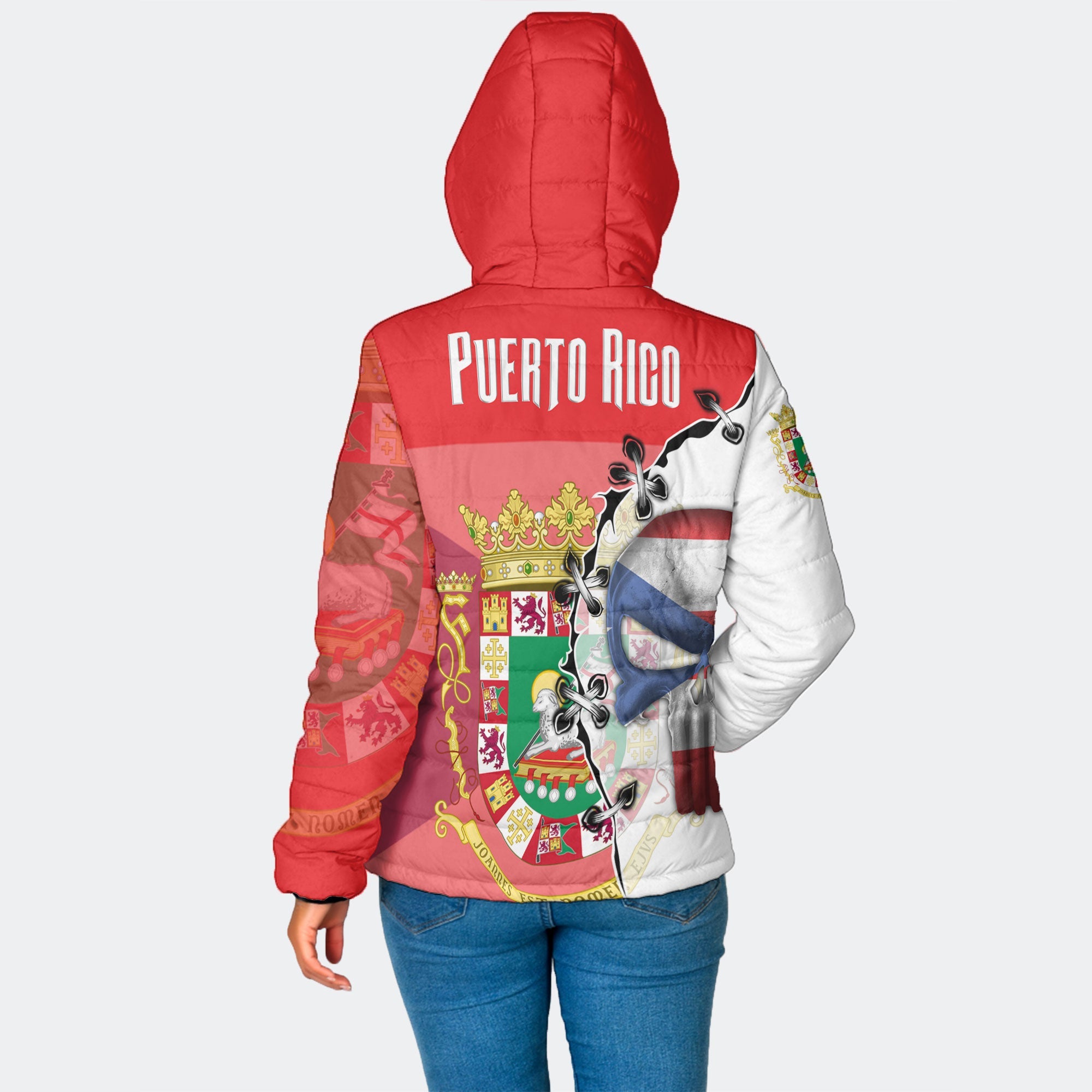 Puerto Rico Women Hooded Padded Jacket Flag & Coat Of Arms Skull Style