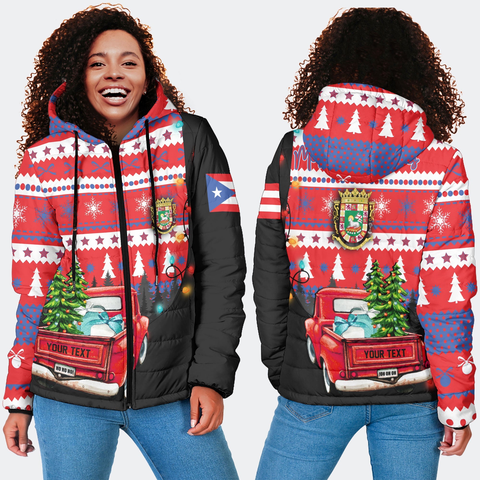 Puerto Rico Women Hooded Padded Jacket Coat Of Arms Christmas Style