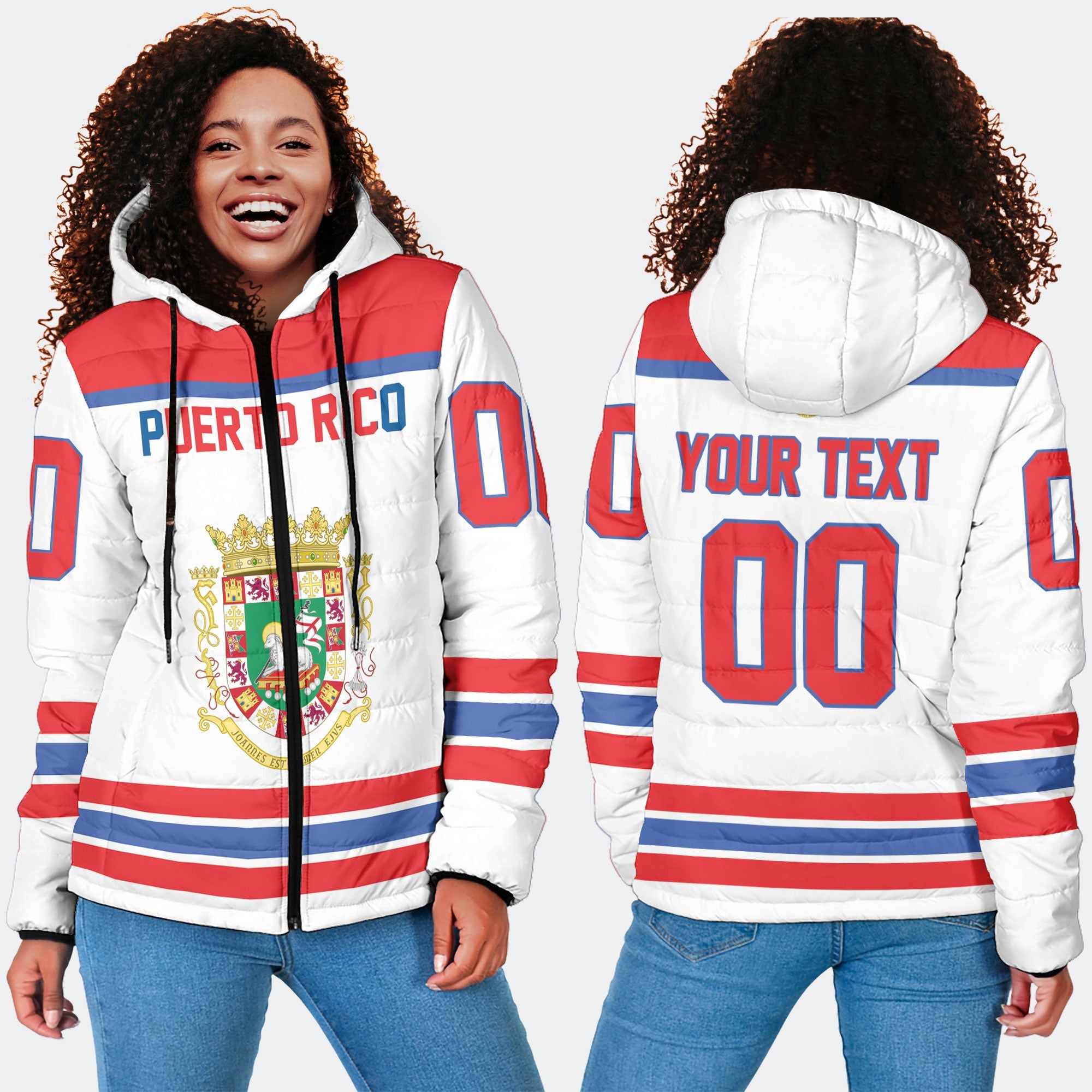 Puerto Rico Women Hooded Padded Jacket Flag & Coat Of Arms Hockey Style