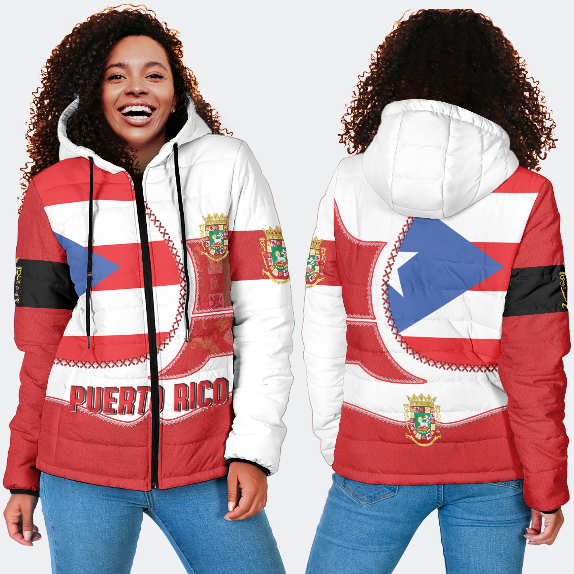 Puerto Rico Women Hooded Padded Jacket Flag & Coat Of Arms Leather Style