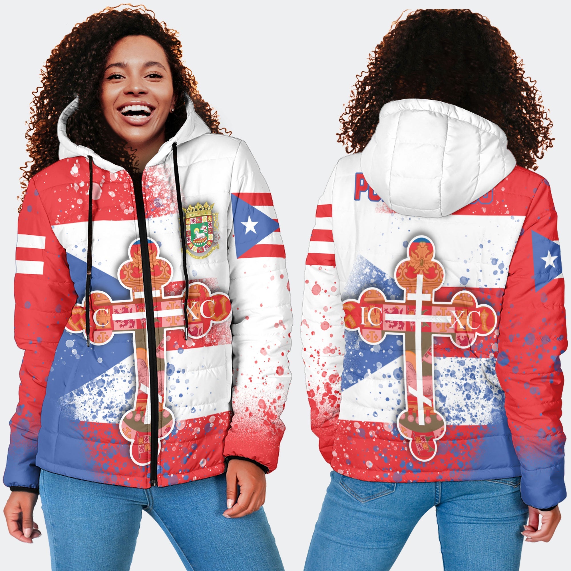 Puerto Rico Women Hooded Padded Jacket Flag & Coat Of Arms Orthodox Style