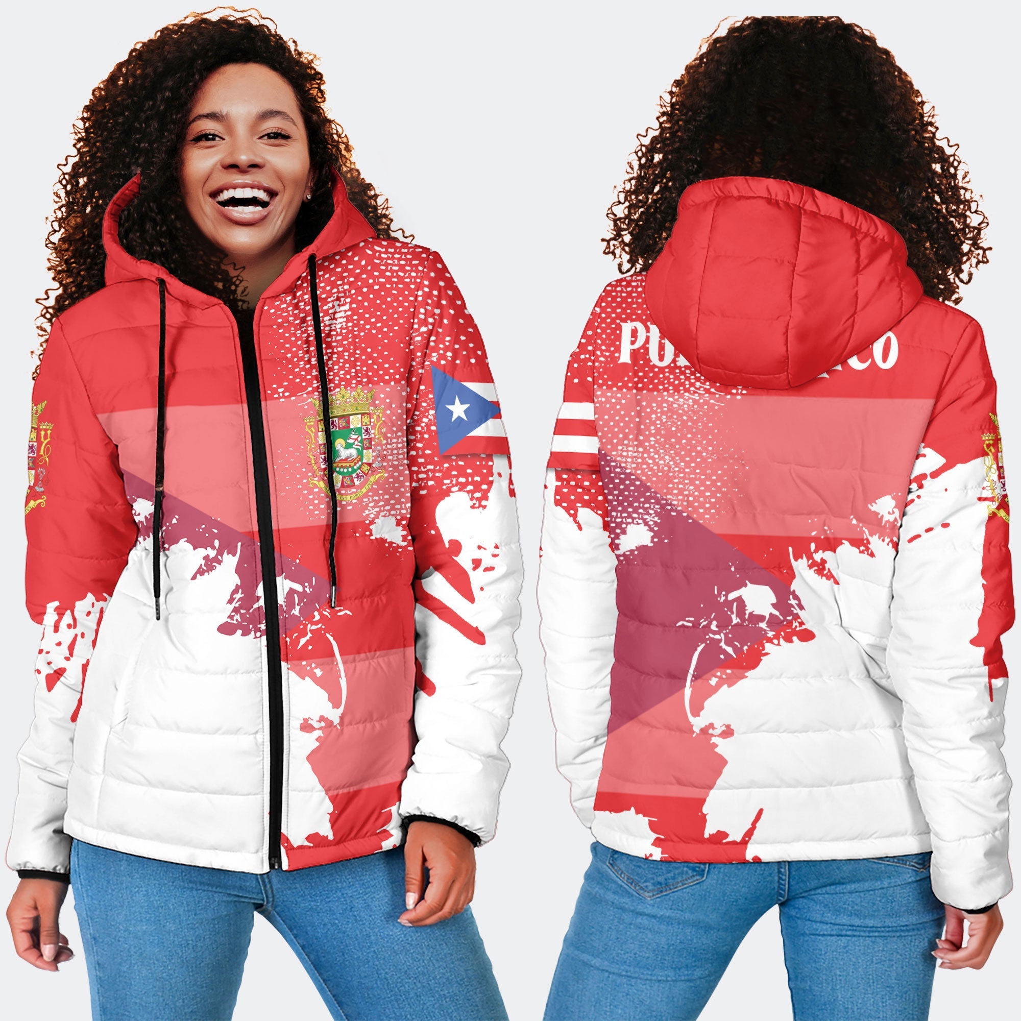 Puerto Rico Women Hooded Padded Jacket Flag & Coat Of Arms Paint Style