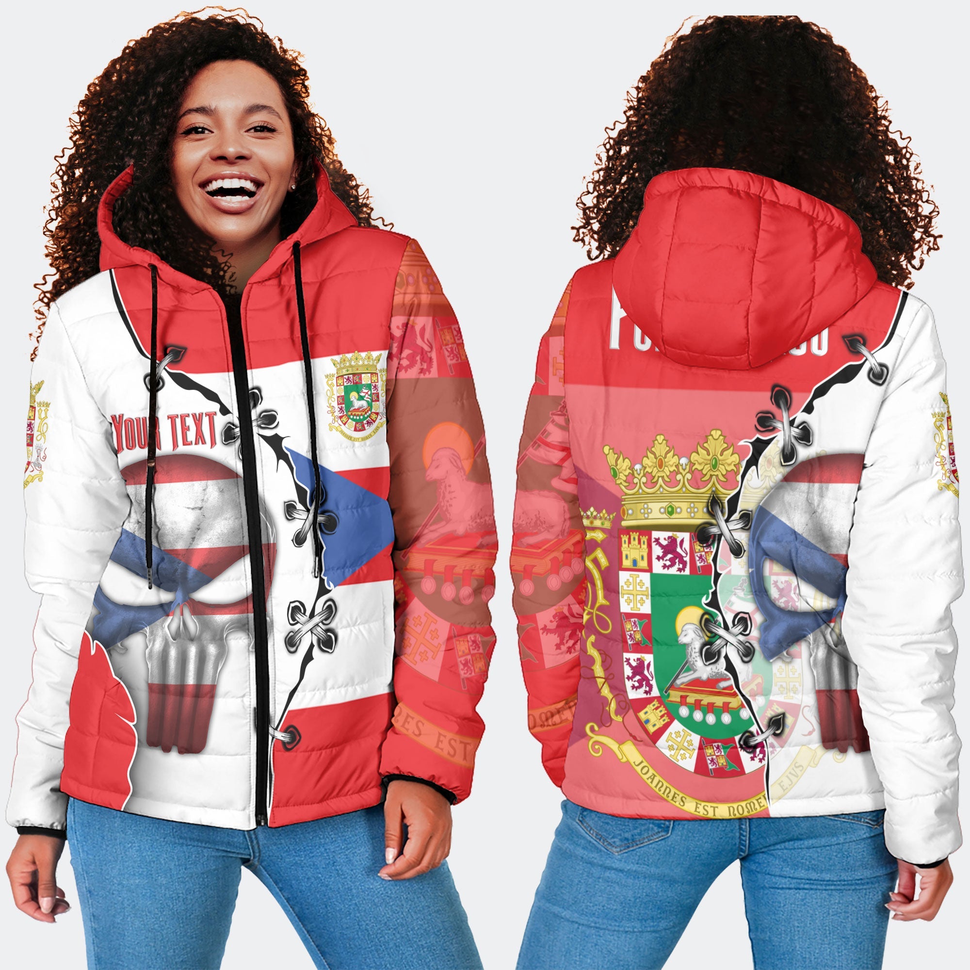 Puerto Rico Women Hooded Padded Jacket Flag & Coat Of Arms Skull Style