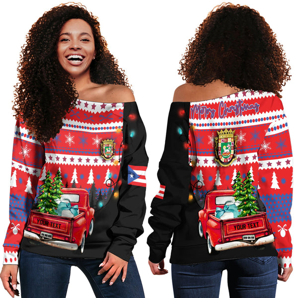 Puerto Rico Women Off Shoulder Sweatshirt Coat Of Arms Christmas Style