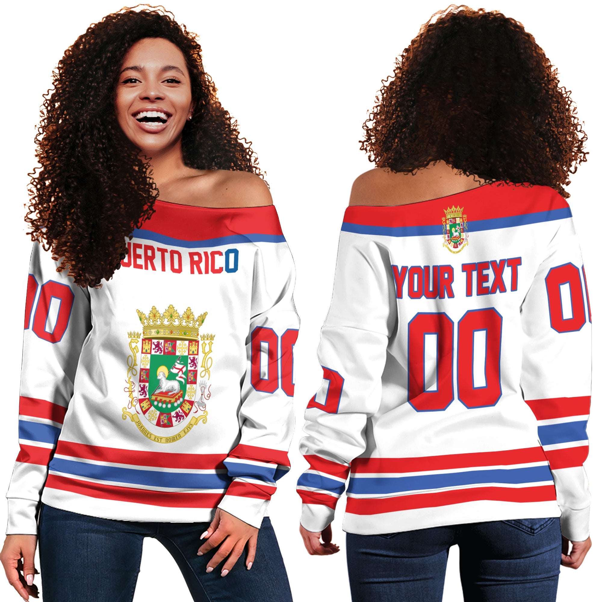 Puerto Rico Women Off Shoulder Sweatshirt Flag & Coat Of Arms Hockey Style