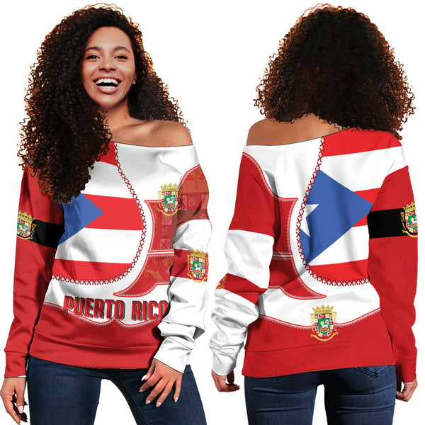 Puerto Rico Women Off Shoulder Sweatshirt Flag & Coat Of Arms Leather Style