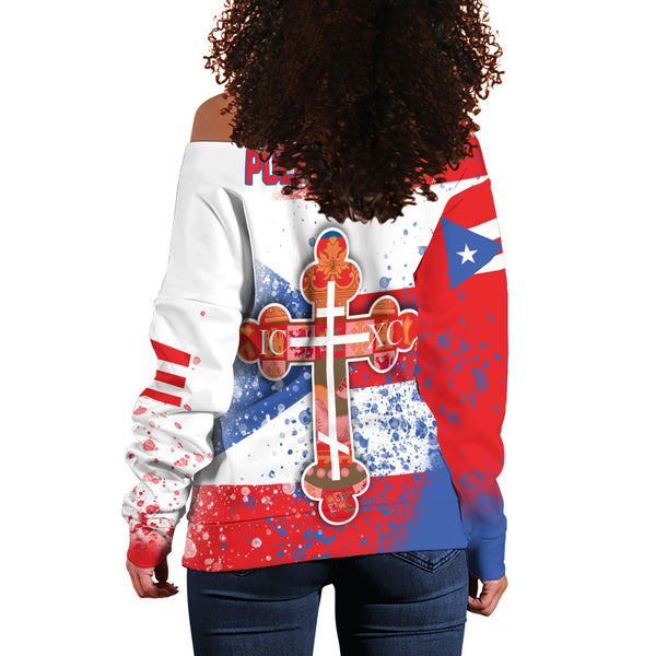 Puerto Rico Women Off Shoulder Sweatshirt Flag & Coat Of Arms Orthodox Style