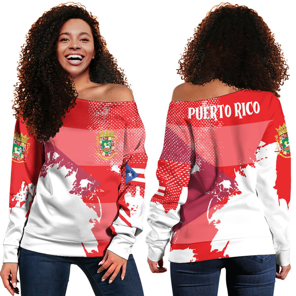 Puerto Rico Women Off Shoulder Sweatshirt Flag & Coat Of Arms Paint Style