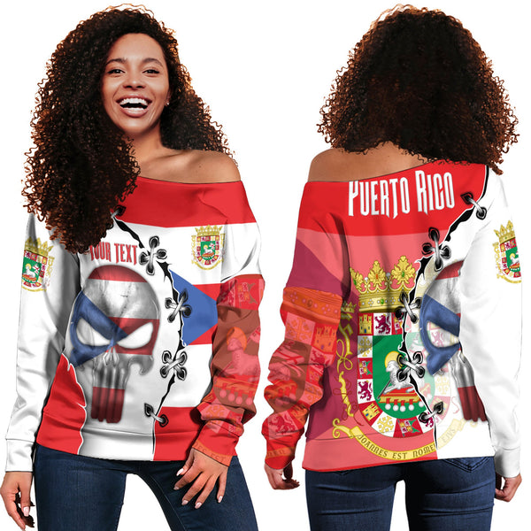 Puerto Rico Women Off Shoulder Sweatshirt Flag & Coat Of Arms Skull Style