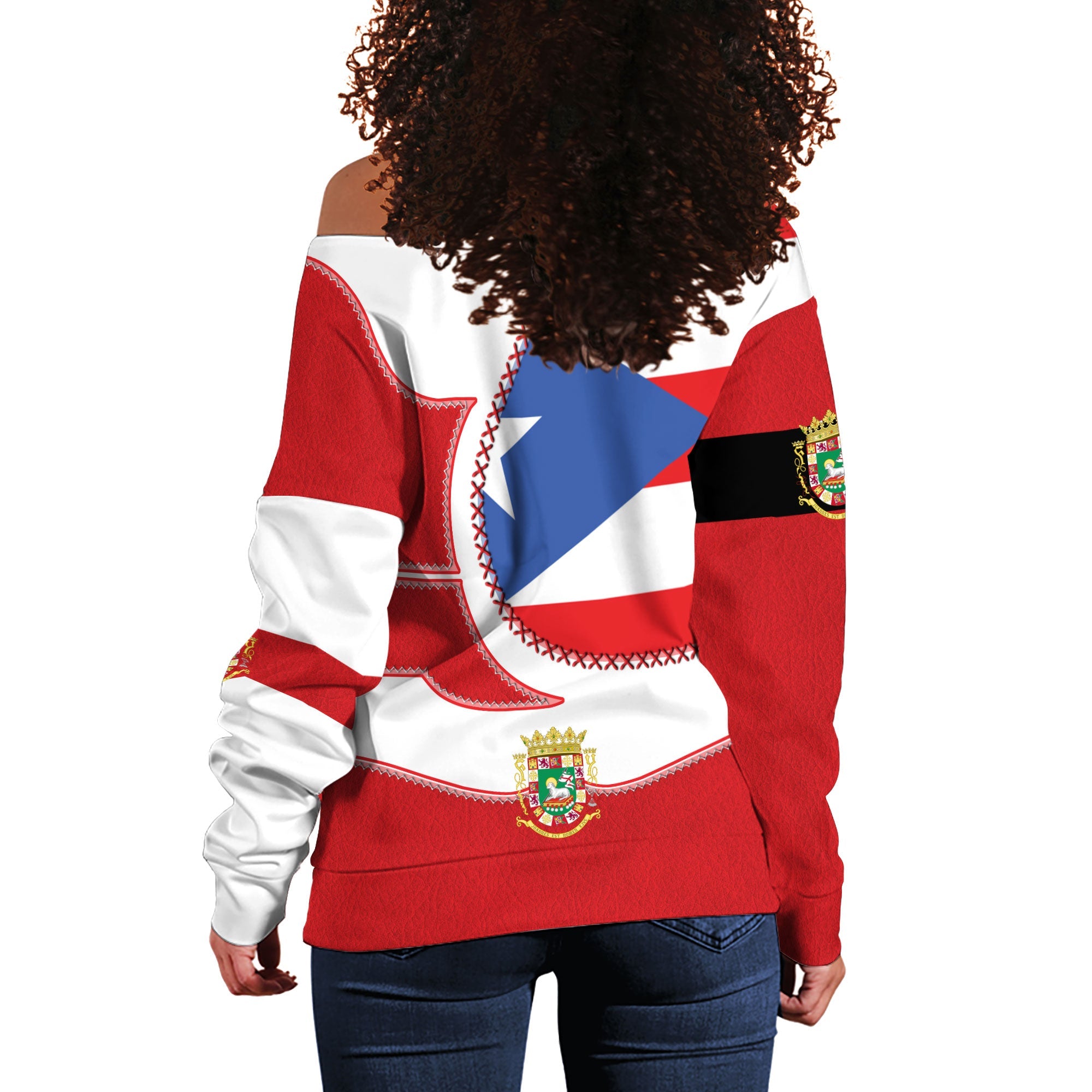 Puerto Rico Women Off Shoulder Sweatshirt Flag & Coat Of Arms Leather Style