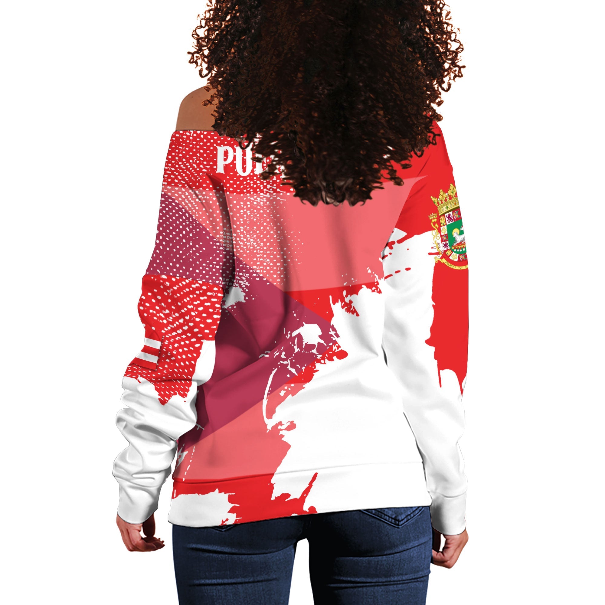 Puerto Rico Women Off Shoulder Sweatshirt Flag & Coat Of Arms Paint Style