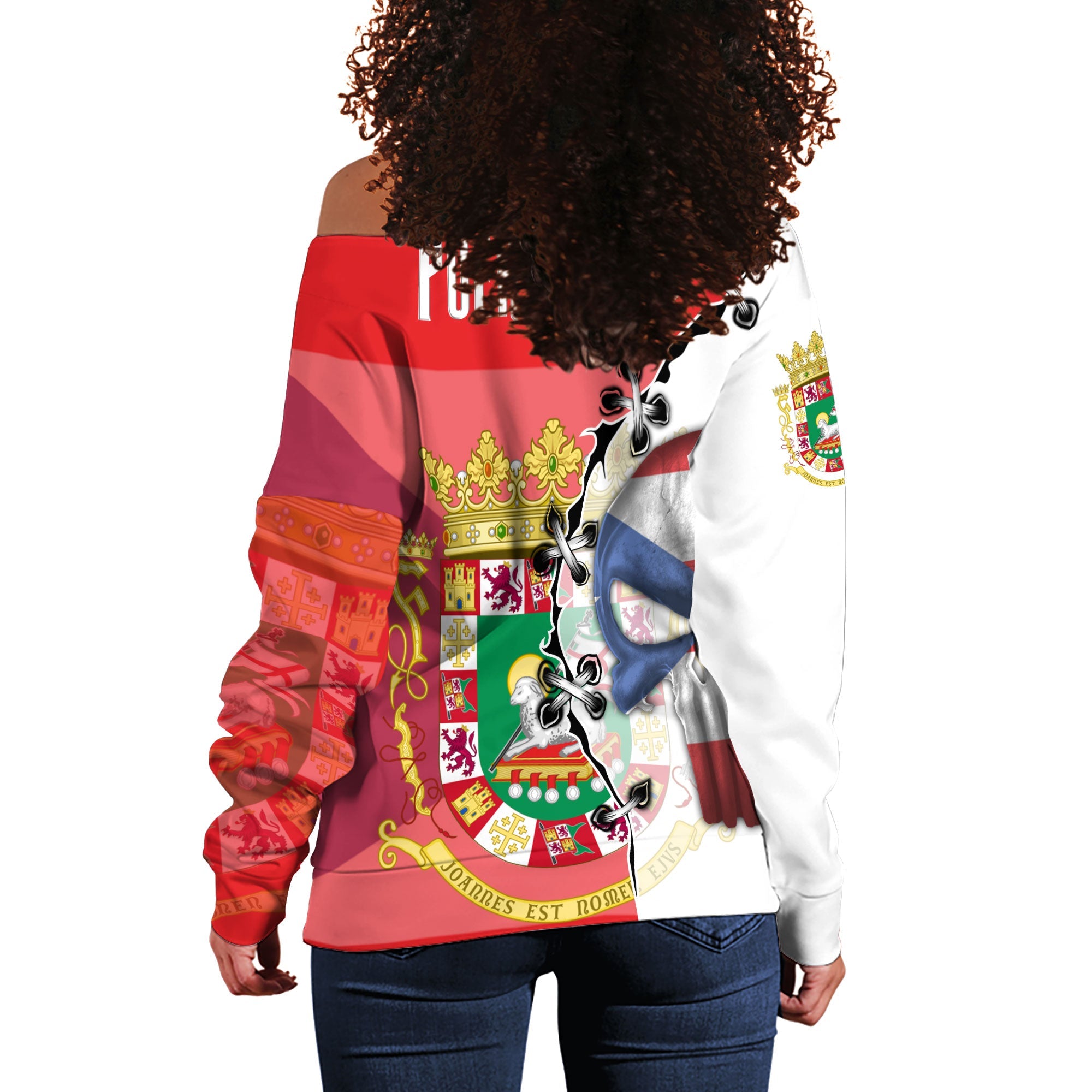 Puerto Rico Women Off Shoulder Sweatshirt Flag & Coat Of Arms Skull Style