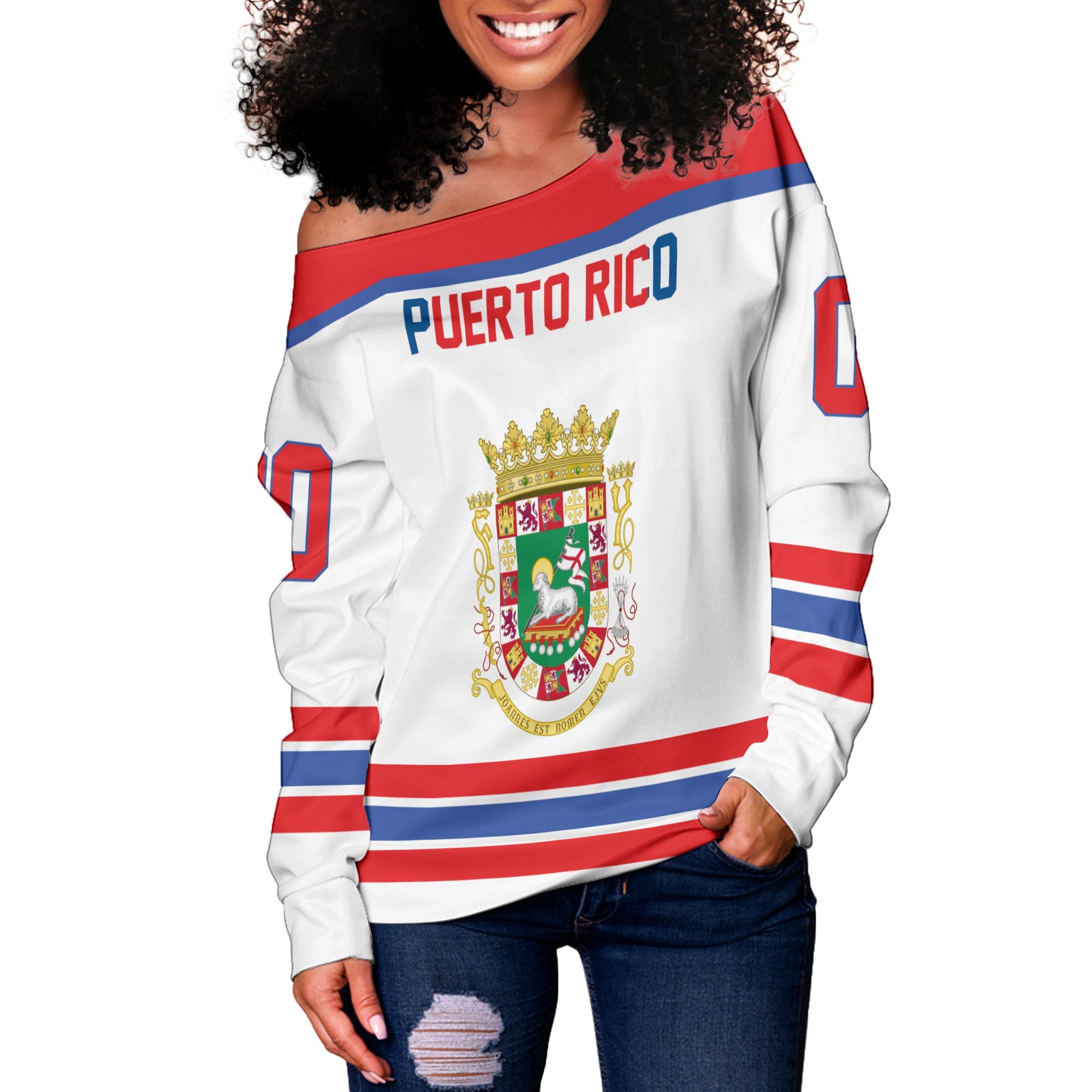 Puerto Rico Women Off Shoulder Sweatshirt Flag & Coat Of Arms Hockey Style