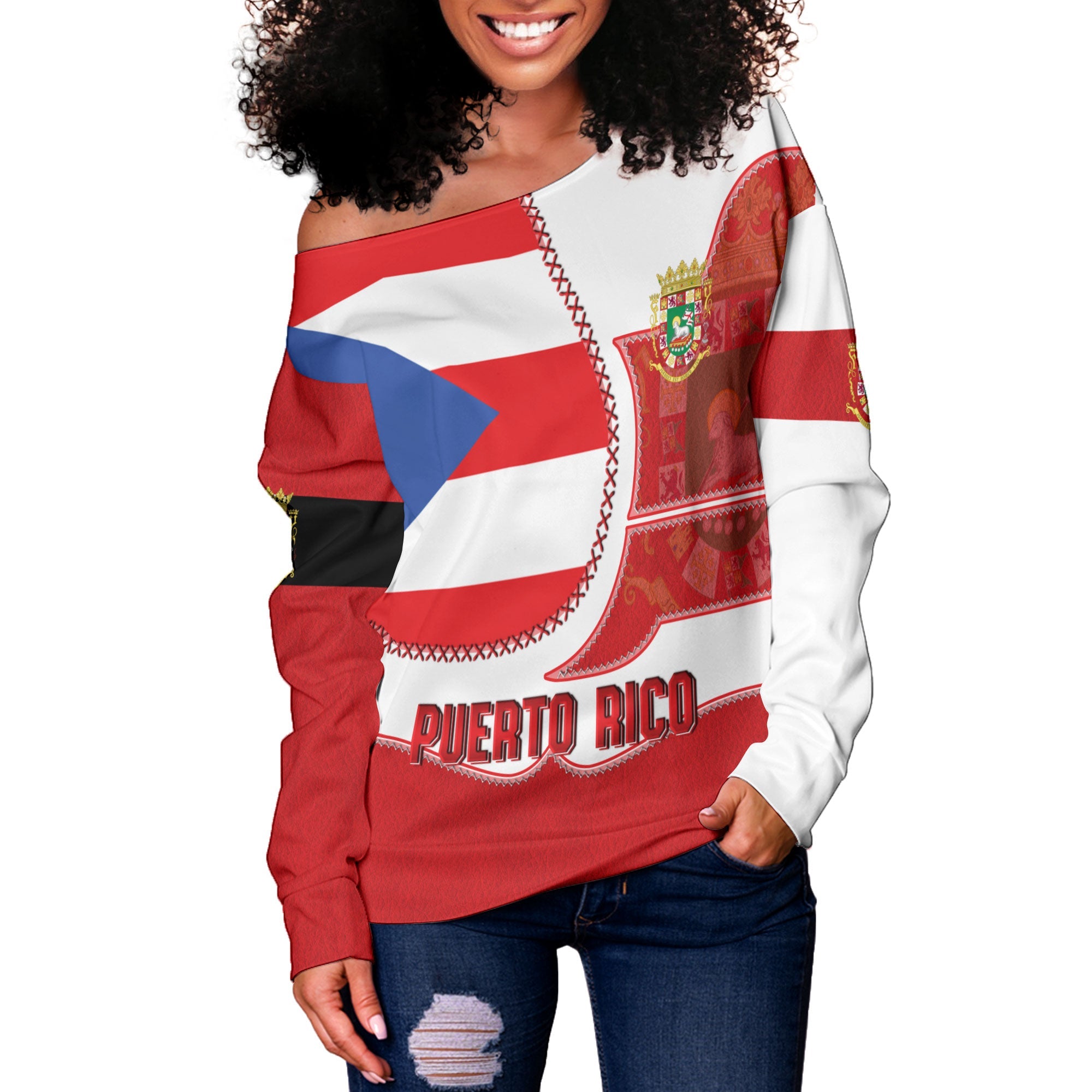 Puerto Rico Women Off Shoulder Sweatshirt Flag & Coat Of Arms Leather Style