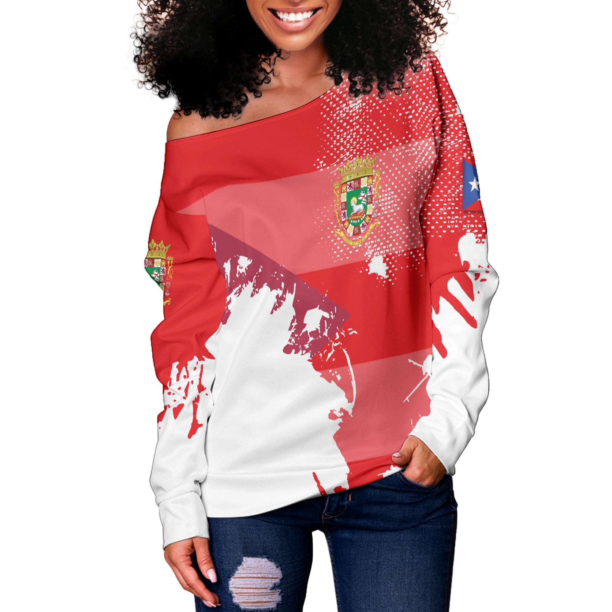 Puerto Rico Women Off Shoulder Sweatshirt Flag & Coat Of Arms Paint Style