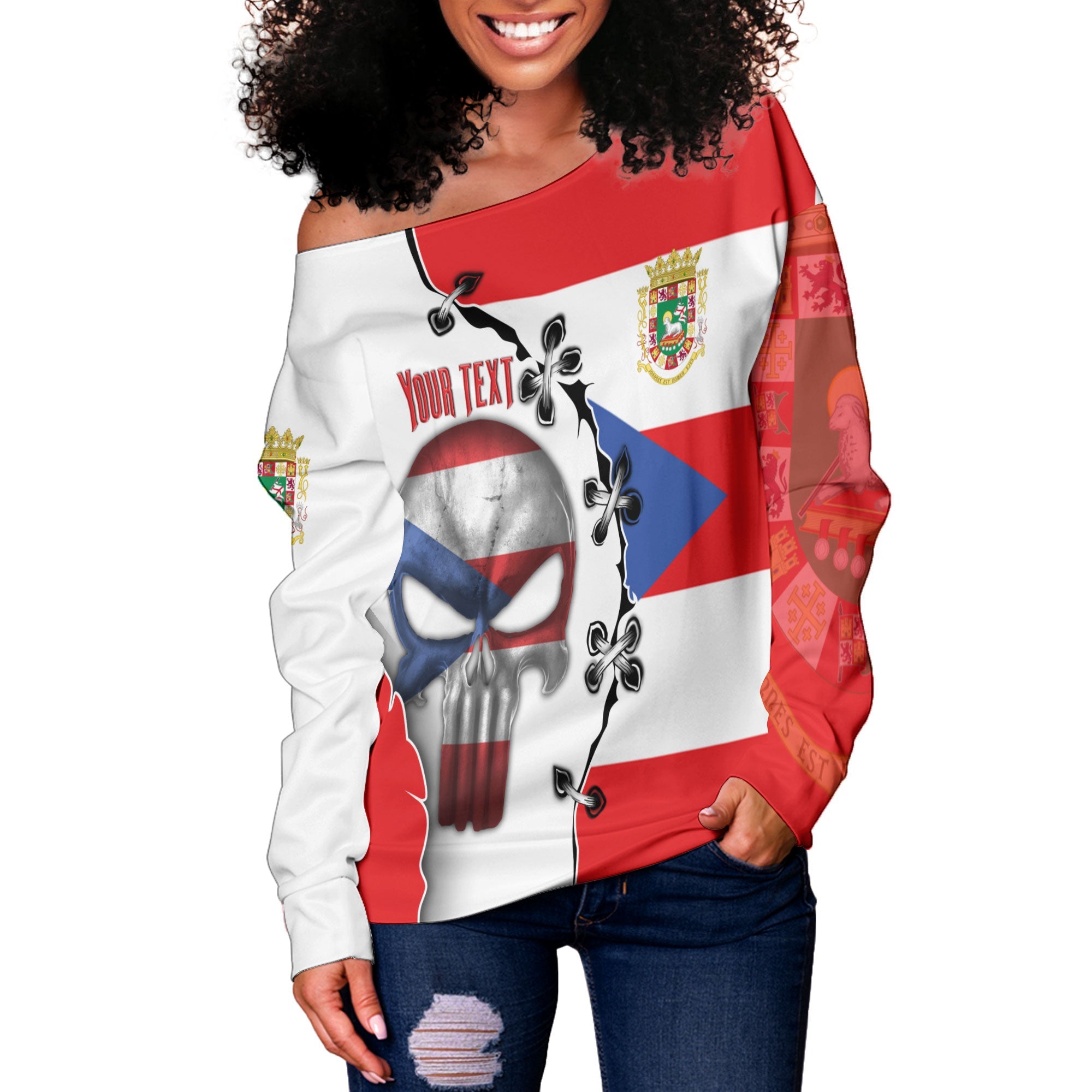 Puerto Rico Women Off Shoulder Sweatshirt Flag & Coat Of Arms Skull Style