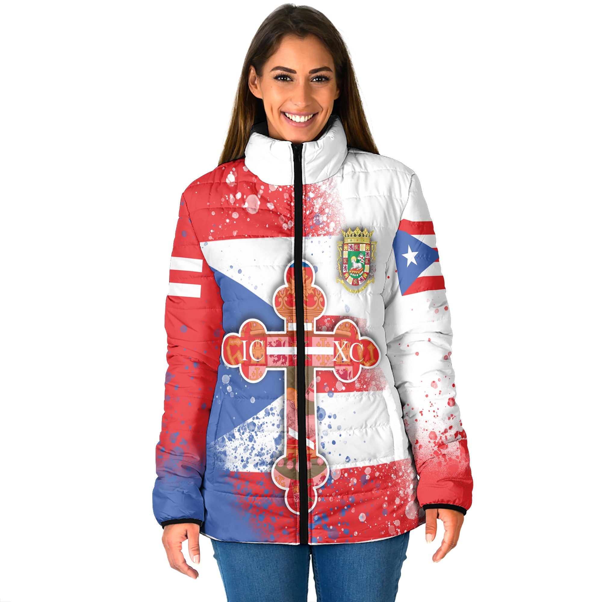 Puerto Rico Women Padded Jacket Flag & Coat Of Arms Orthodox Style