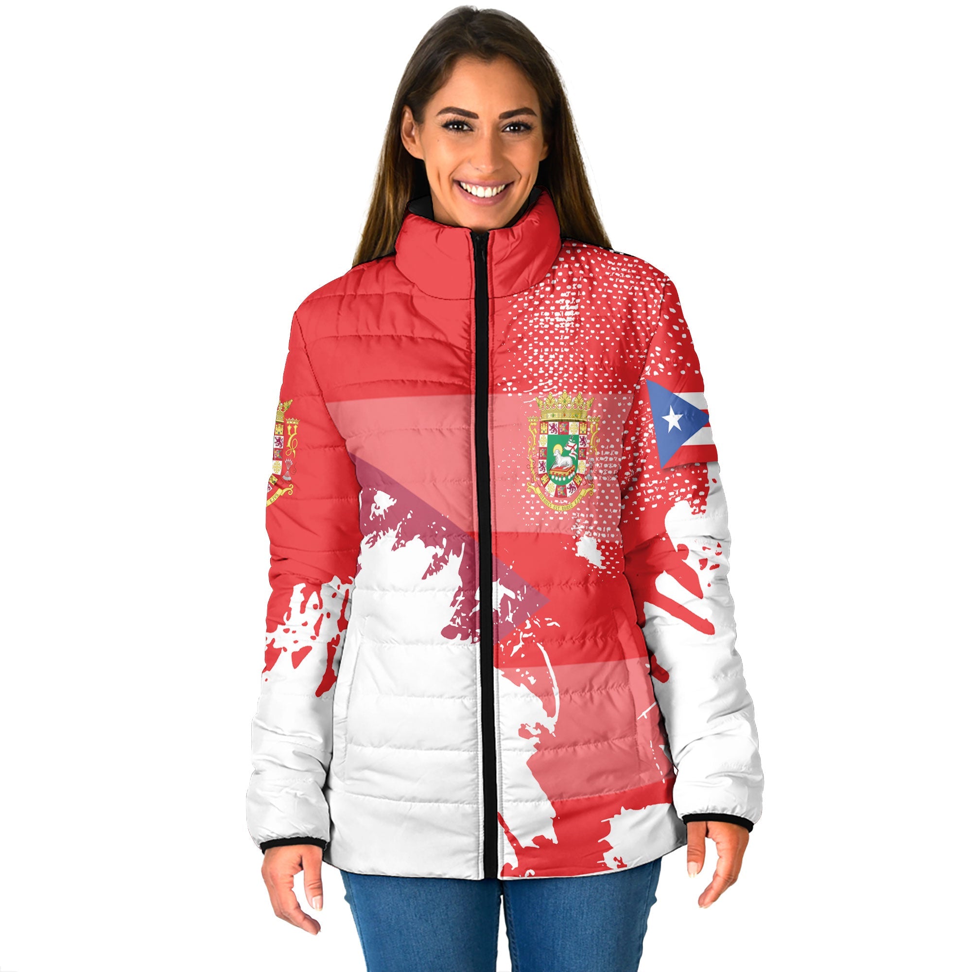 Puerto Rico Women Padded Jacket Flag & Coat Of Arms Paint Style