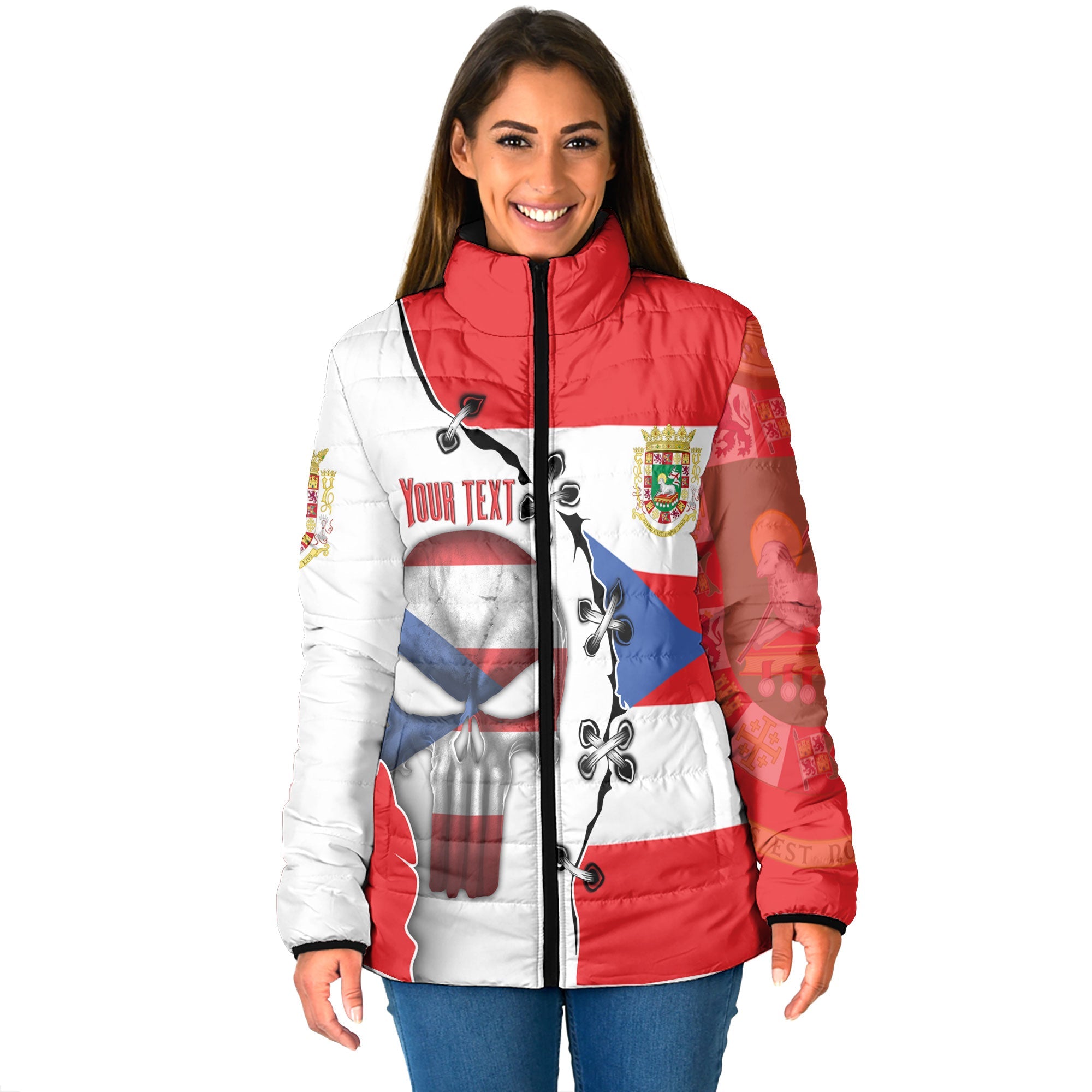 Puerto Rico Women Padded Jacket Flag & Coat Of Arms Skull Style