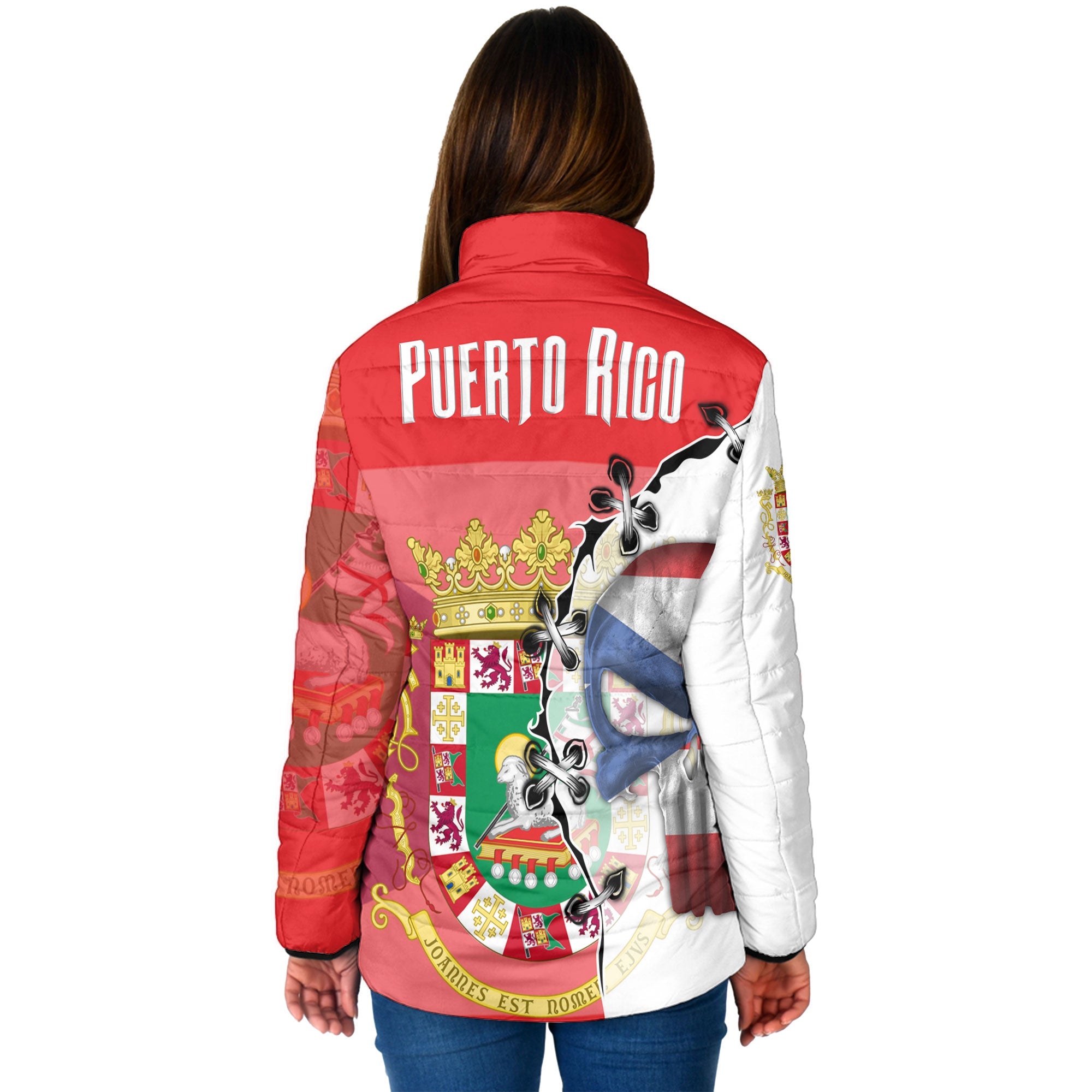 Puerto Rico Women Padded Jacket Flag & Coat Of Arms Skull Style