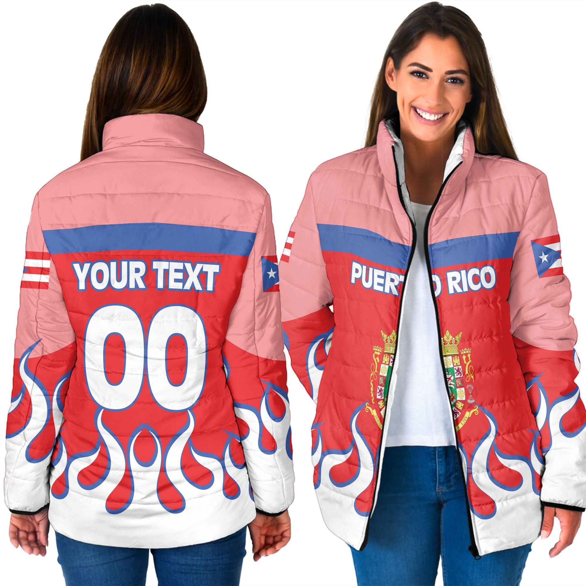 Puerto Rico Women Padded Jacket Flag & Coat Of Arms Fire Hockey Style