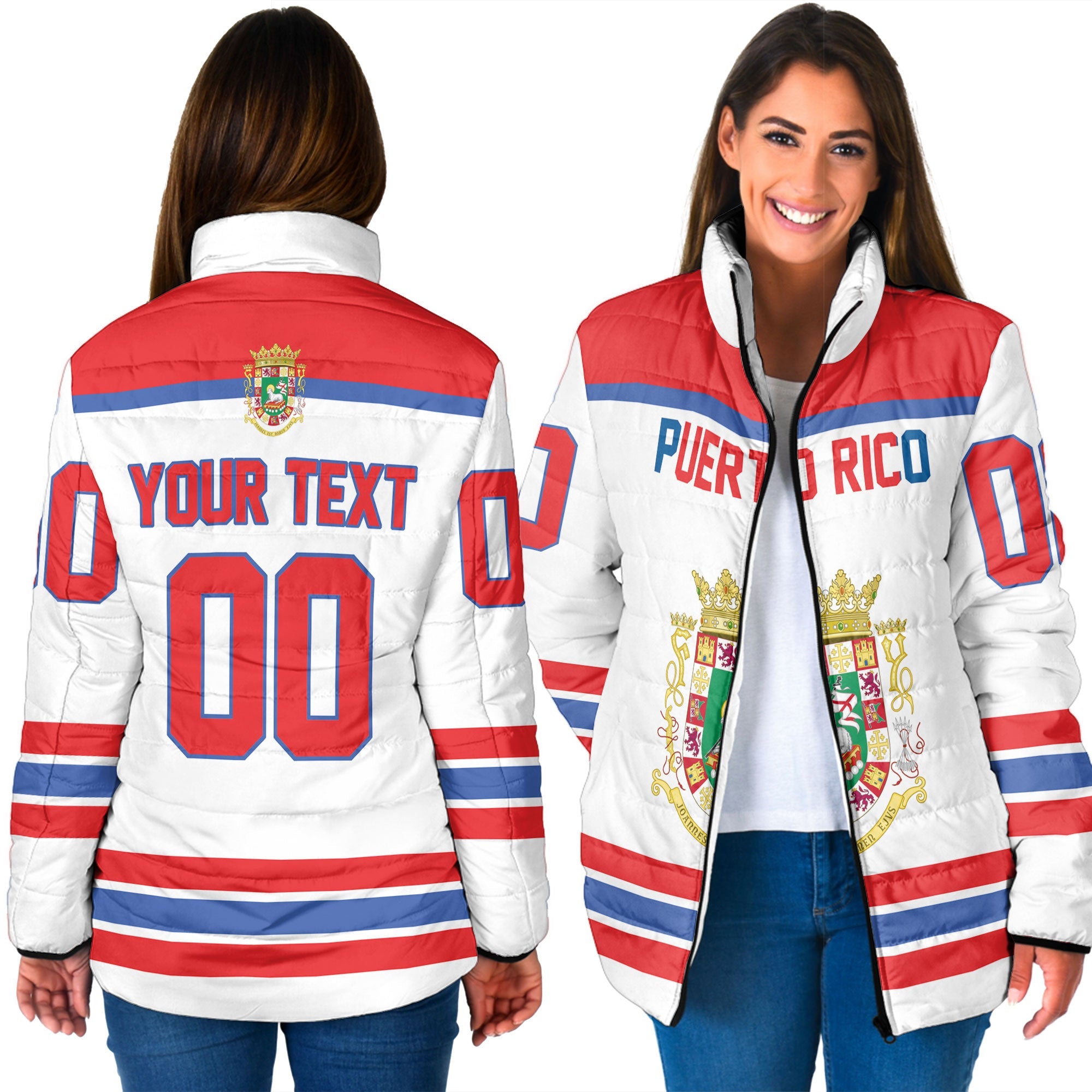 Puerto Rico Women Padded Jacket Flag & Coat Of Arms Hockey Style