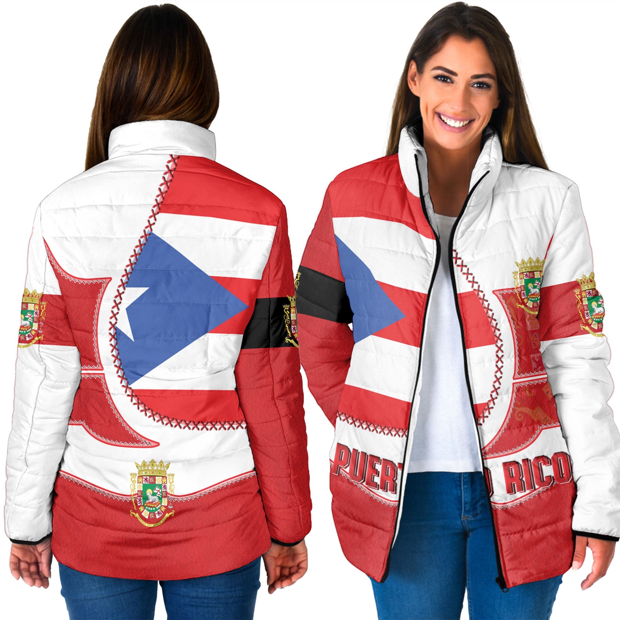 Puerto Rico Women Padded Jacket Flag & Coat Of Arms Leather Style