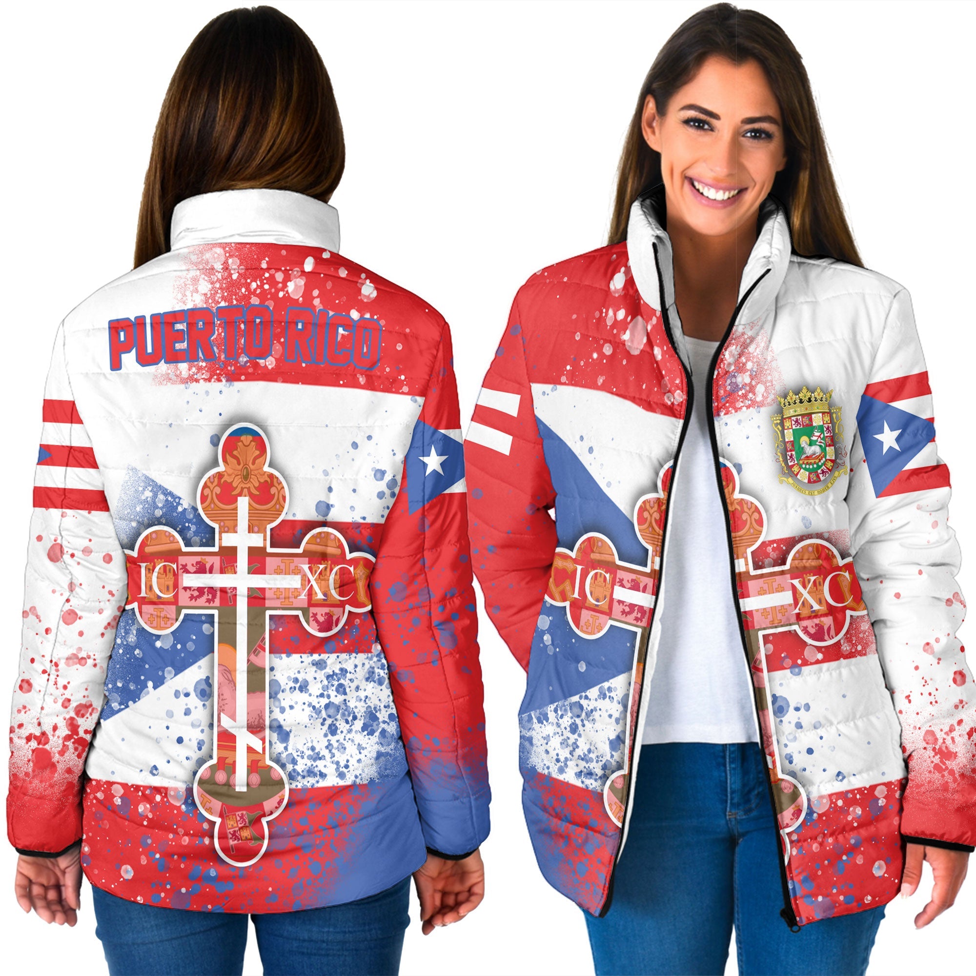 Puerto Rico Women Padded Jacket Flag & Coat Of Arms Orthodox Style