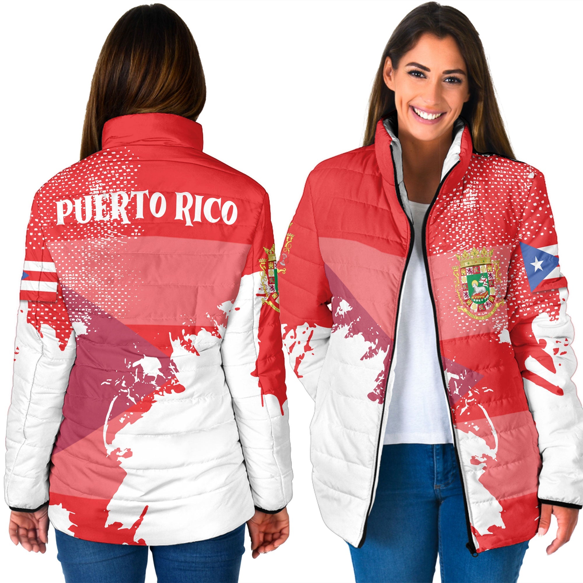 Puerto Rico Women Padded Jacket Flag & Coat Of Arms Paint Style