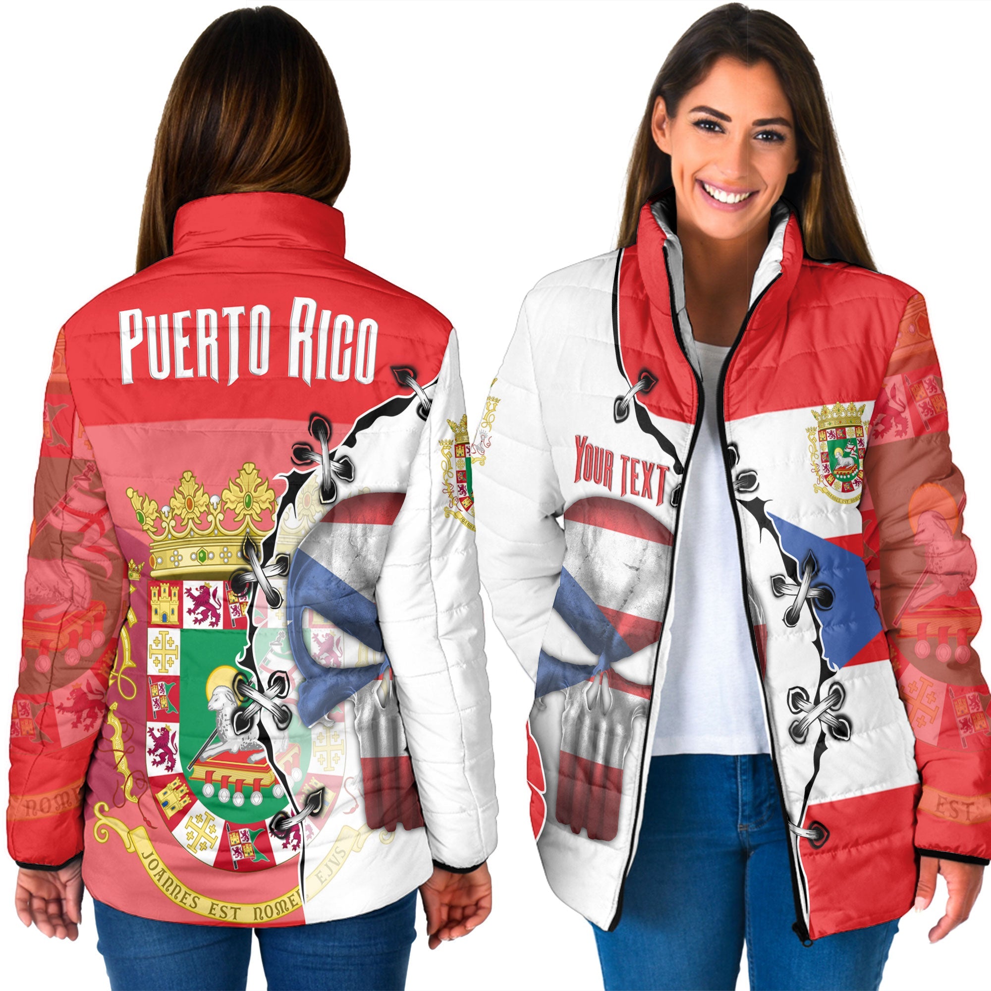 Puerto Rico Women Padded Jacket Flag & Coat Of Arms Skull Style