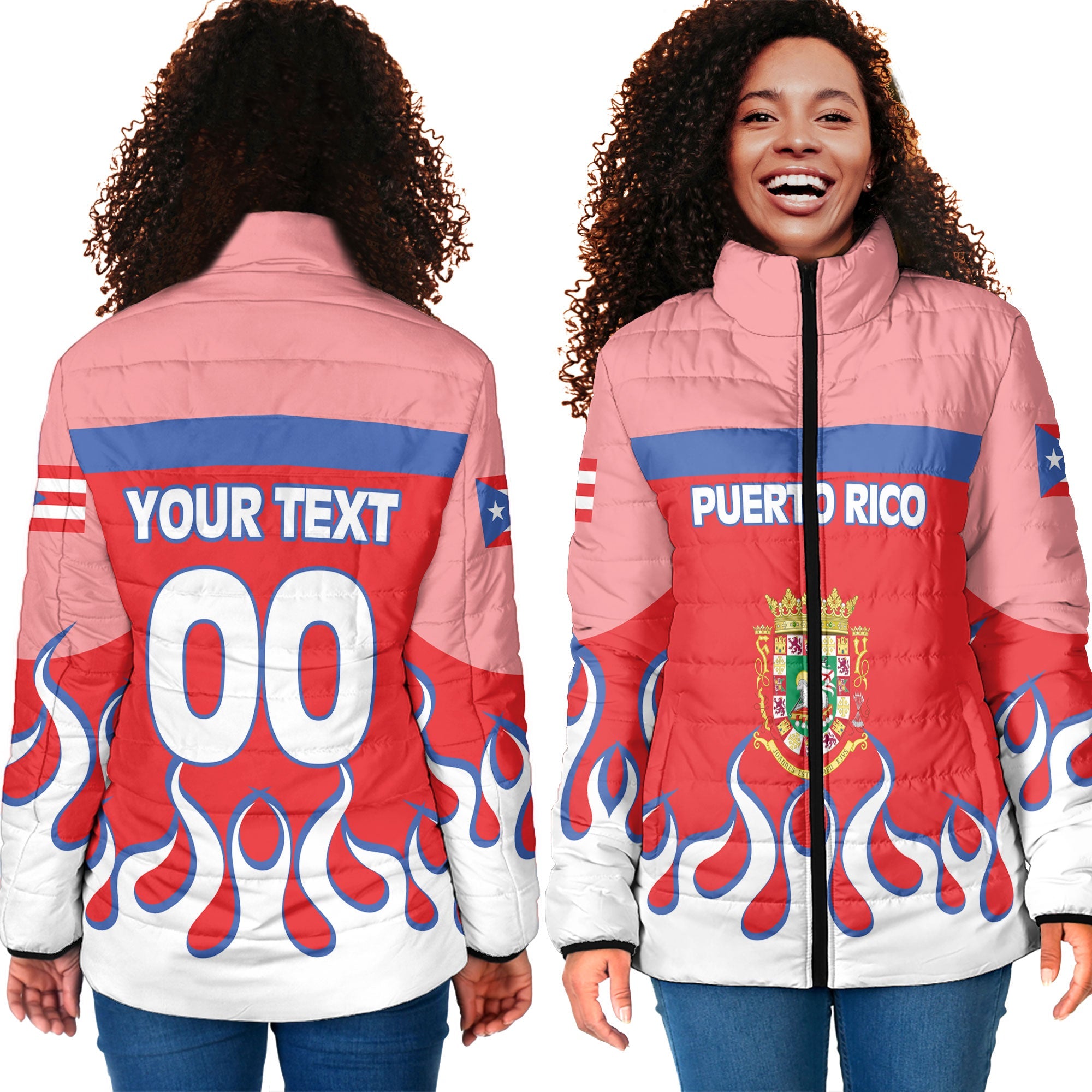 Puerto Rico Women Padded Jacket Flag & Coat Of Arms Fire Hockey Style