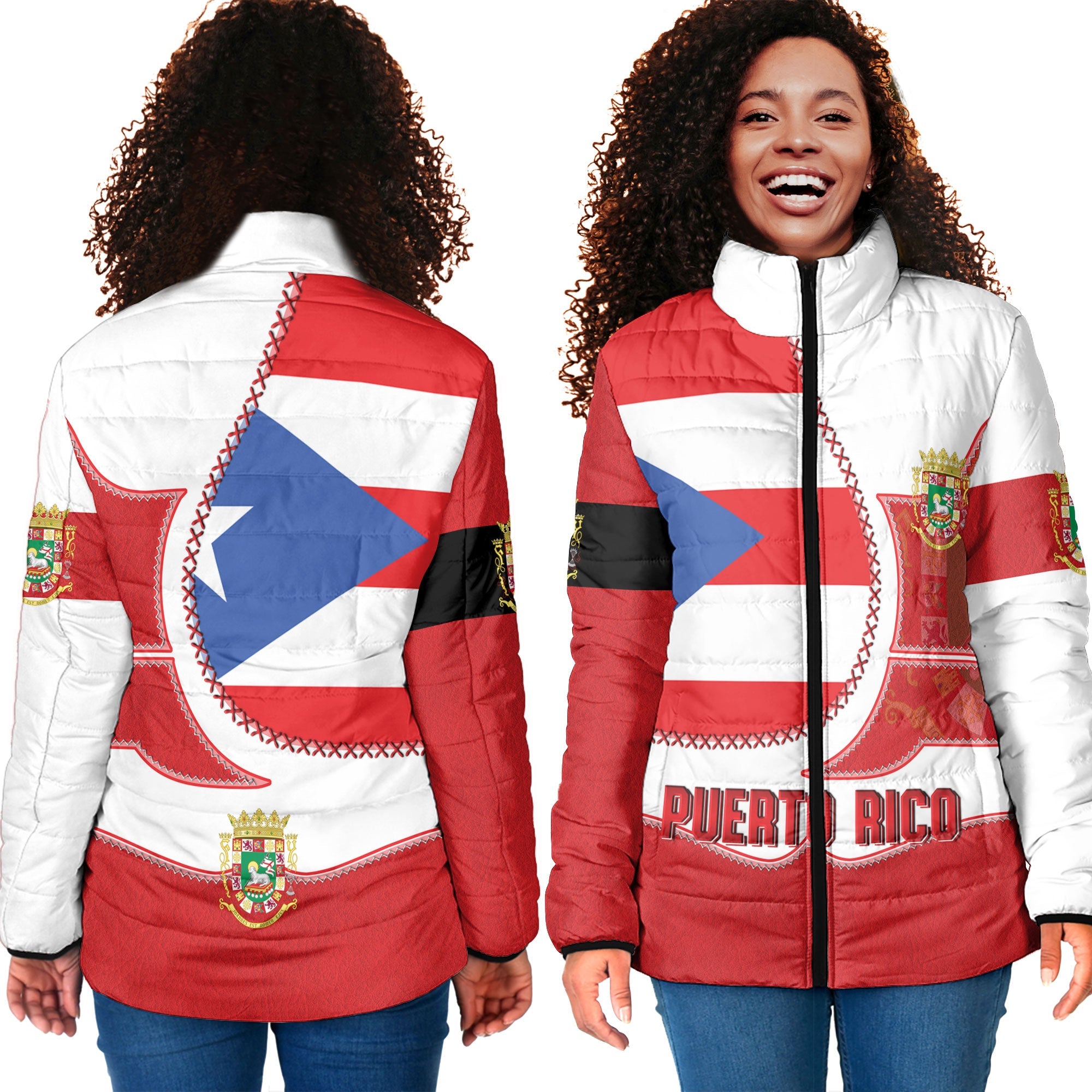 Puerto Rico Women Padded Jacket Flag & Coat Of Arms Leather Style