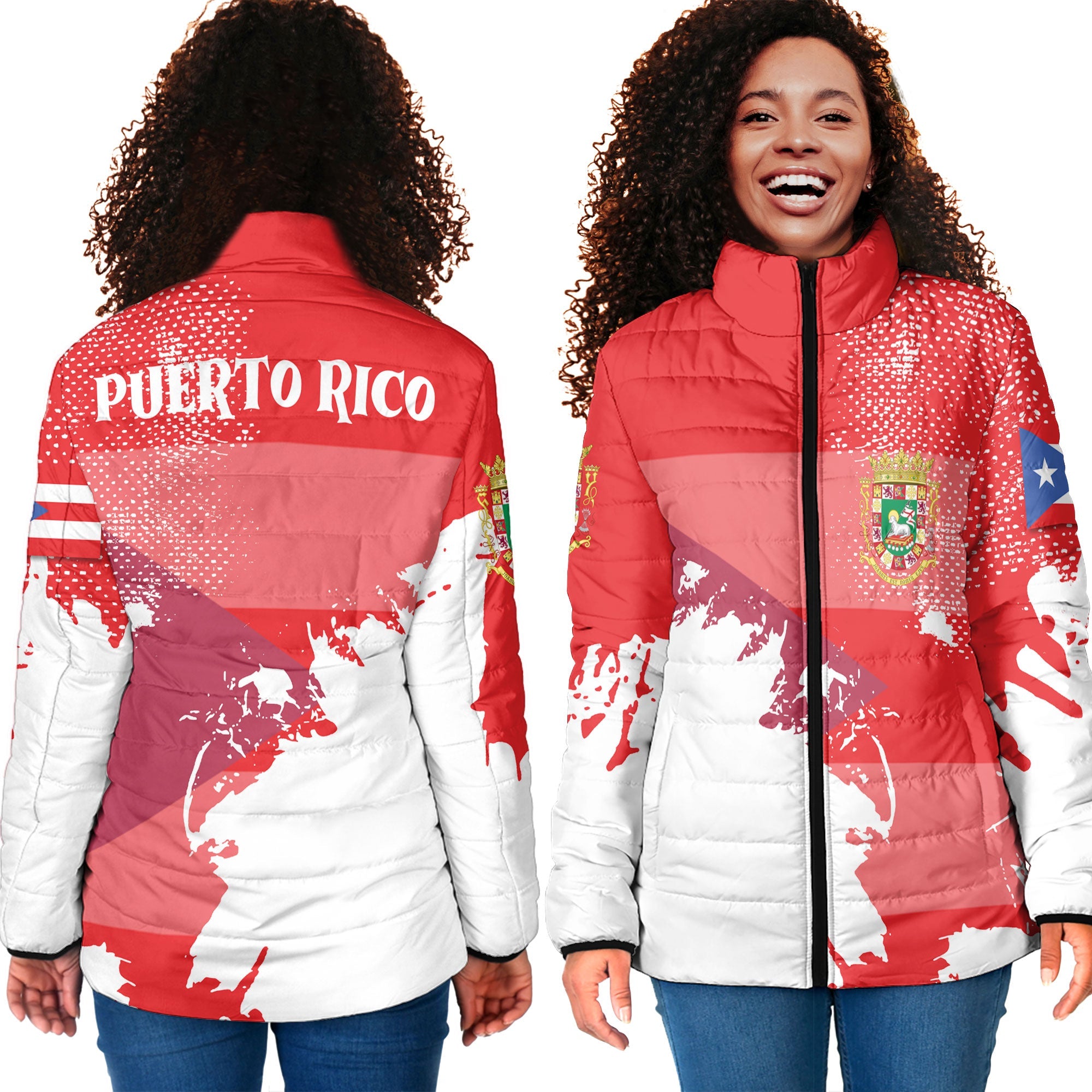 Puerto Rico Women Padded Jacket Flag & Coat Of Arms Paint Style