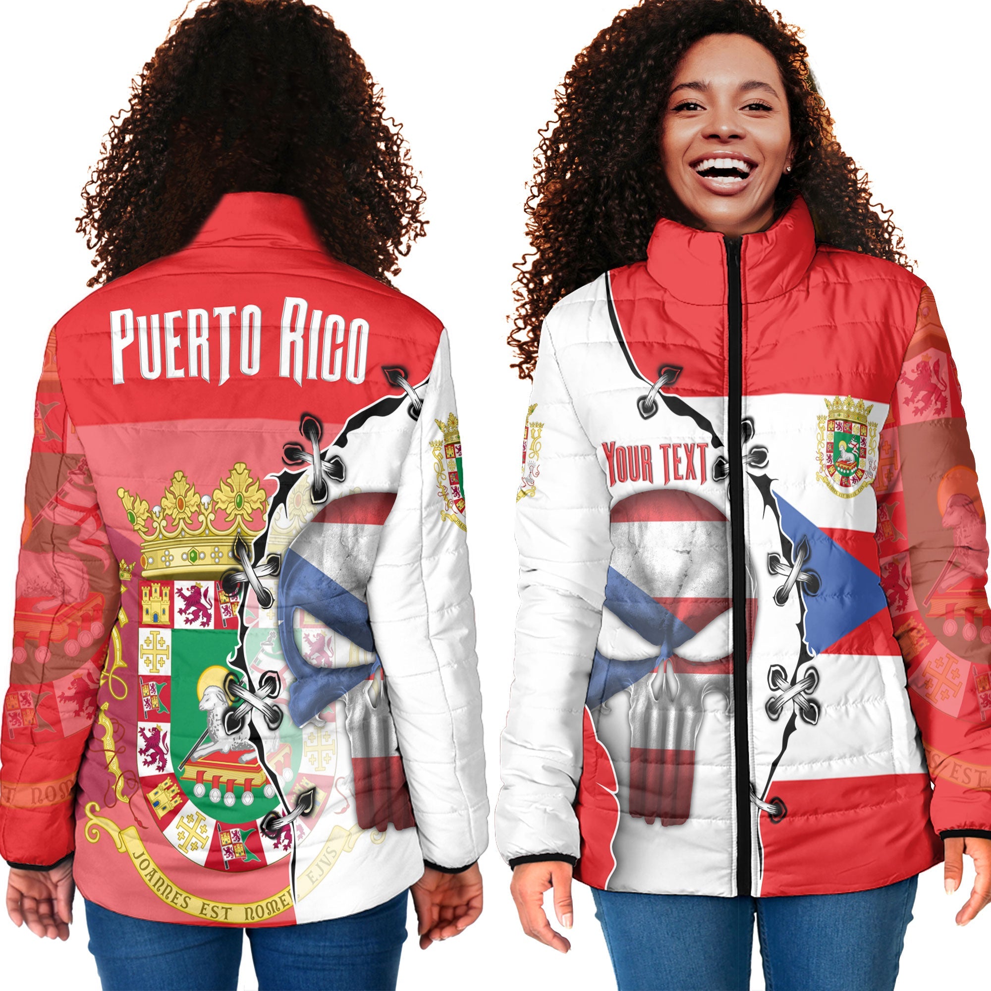 Puerto Rico Women Padded Jacket Flag & Coat Of Arms Skull Style