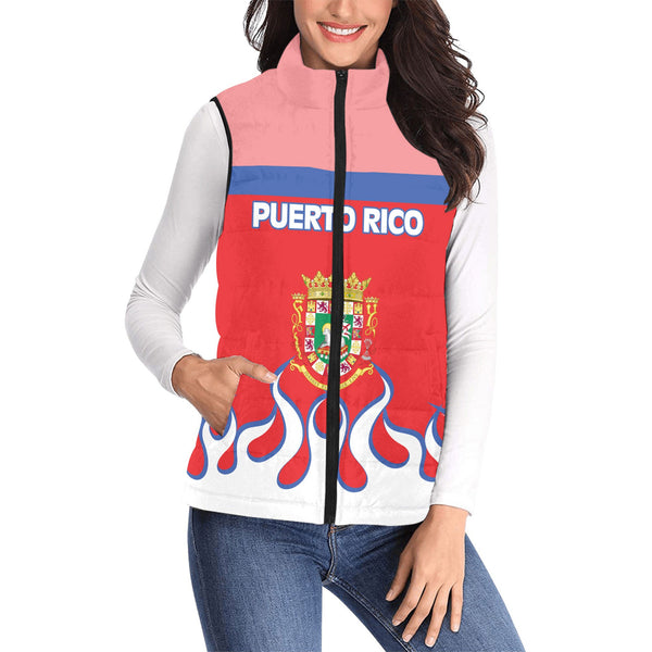 Puerto Rico Women Padded Jacket Vest Flag & Coat Of Arms Fire Hockey Style