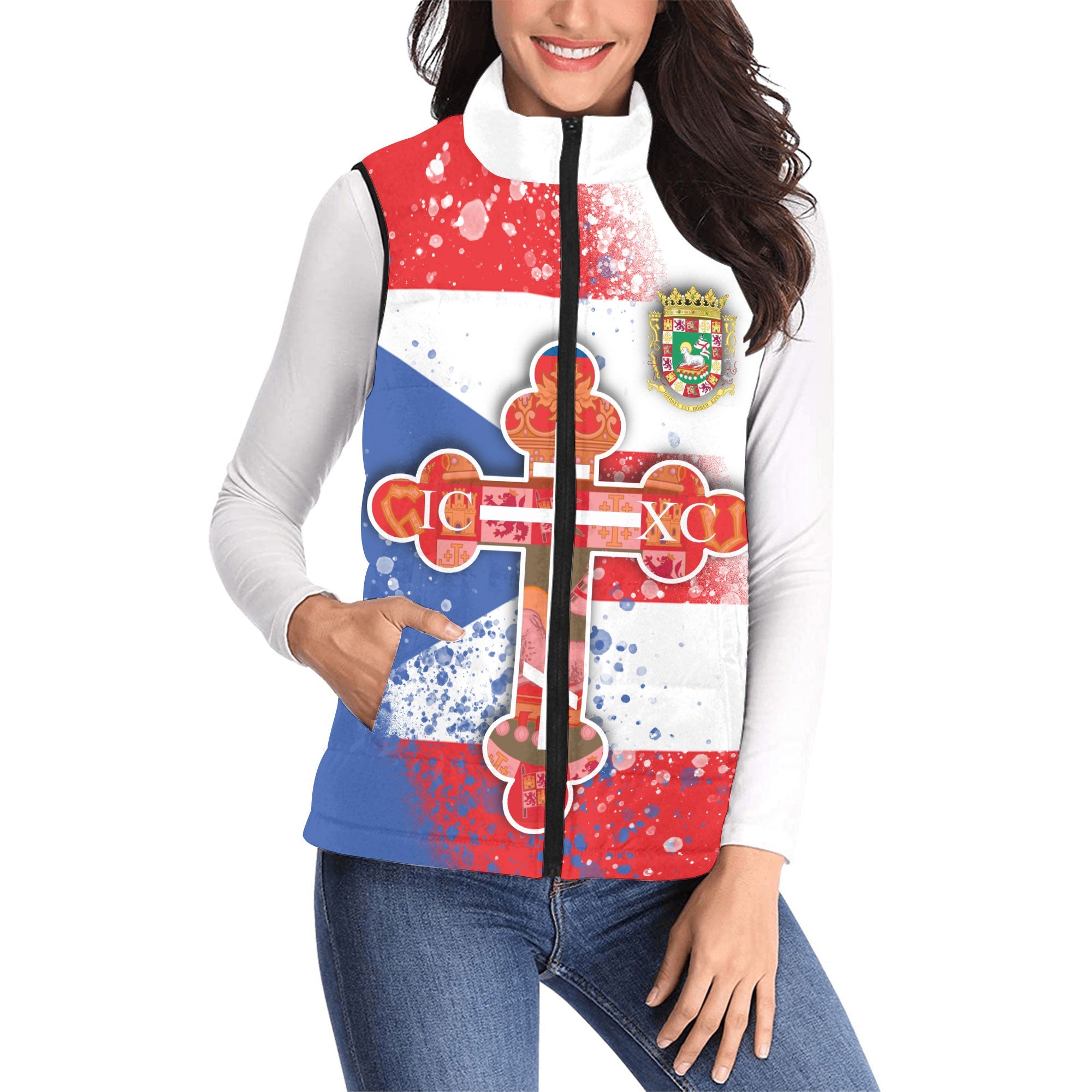 Puerto Rico Women Padded Jacket Vest Flag & Coat Of Arms Orthodox Style