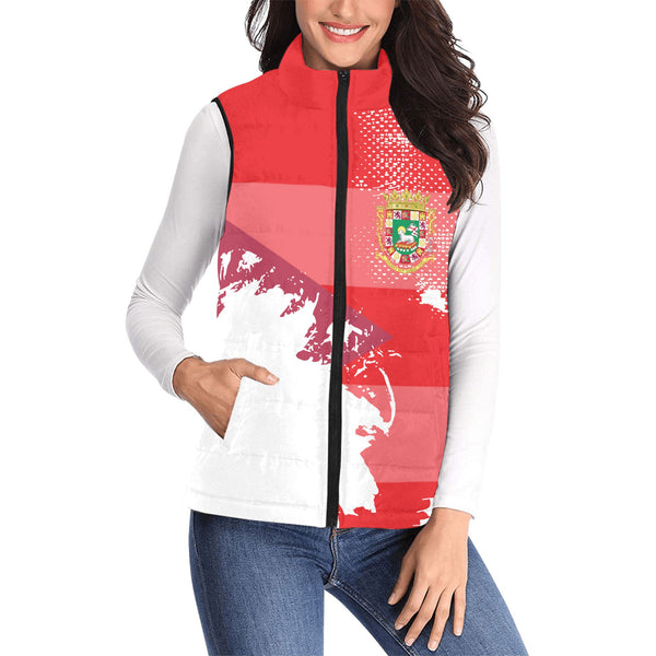 Puerto Rico Women Padded Jacket Vest Flag & Coat Of Arms Paint Style