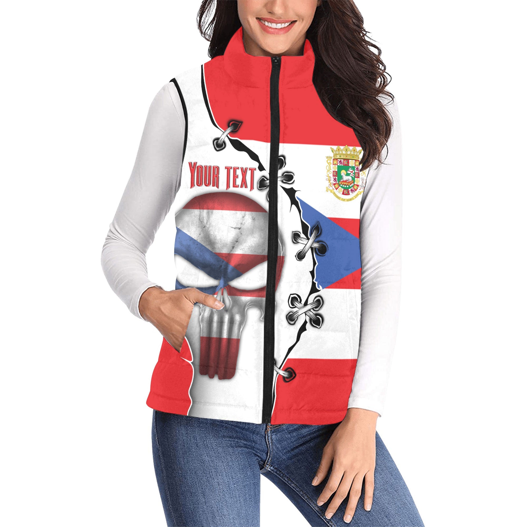 Puerto Rico Women Padded Jacket Vest Flag & Coat Of Arms Skull Style