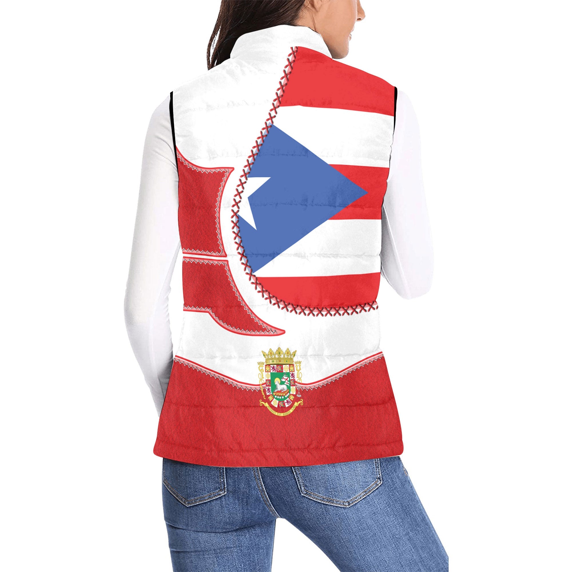 Puerto Rico Women Padded Jacket Vest Flag & Coat Of Arms Leather Style