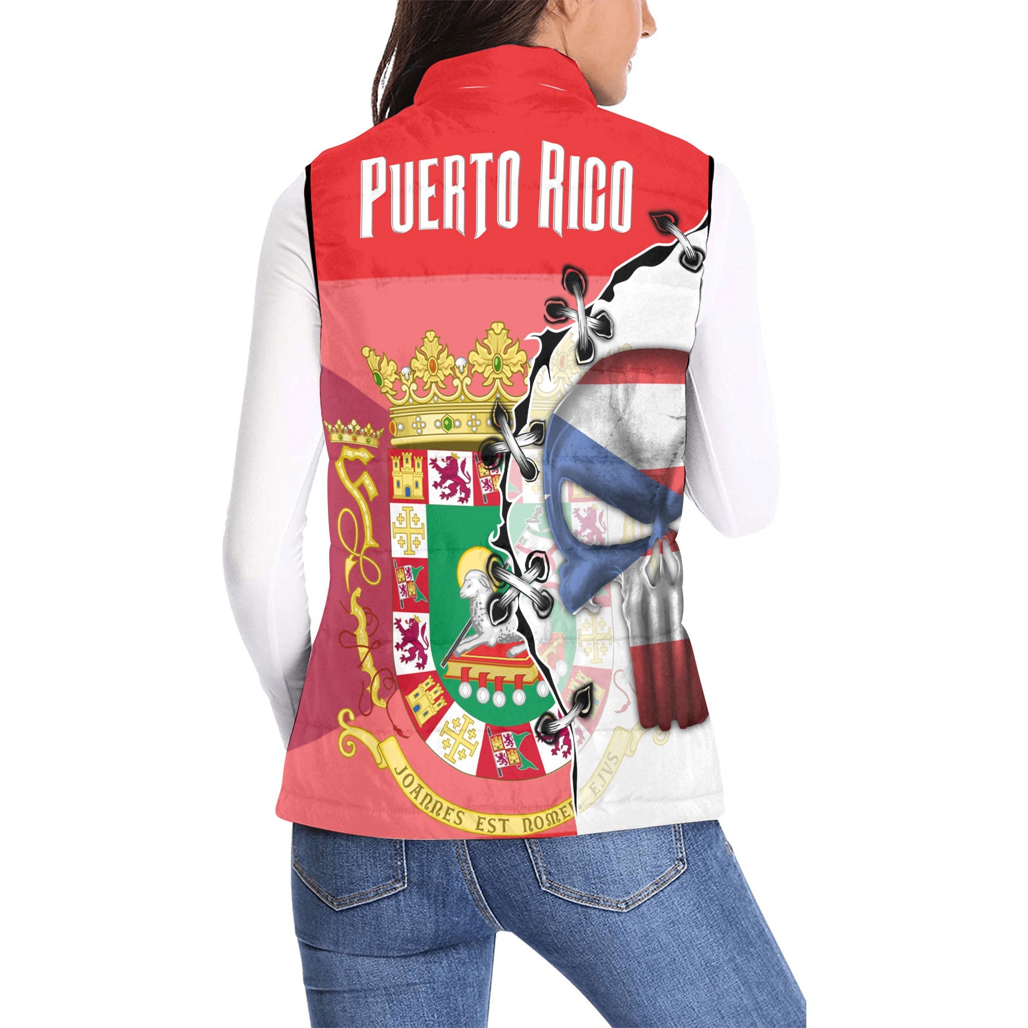 Puerto Rico Women Padded Jacket Vest Flag & Coat Of Arms Skull Style