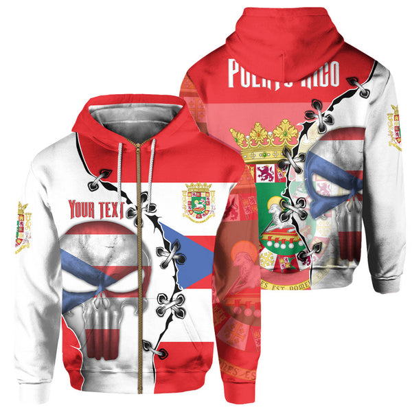 Puerto Rico Zip Hoodie Flag & Coat Of Arms Skull Style