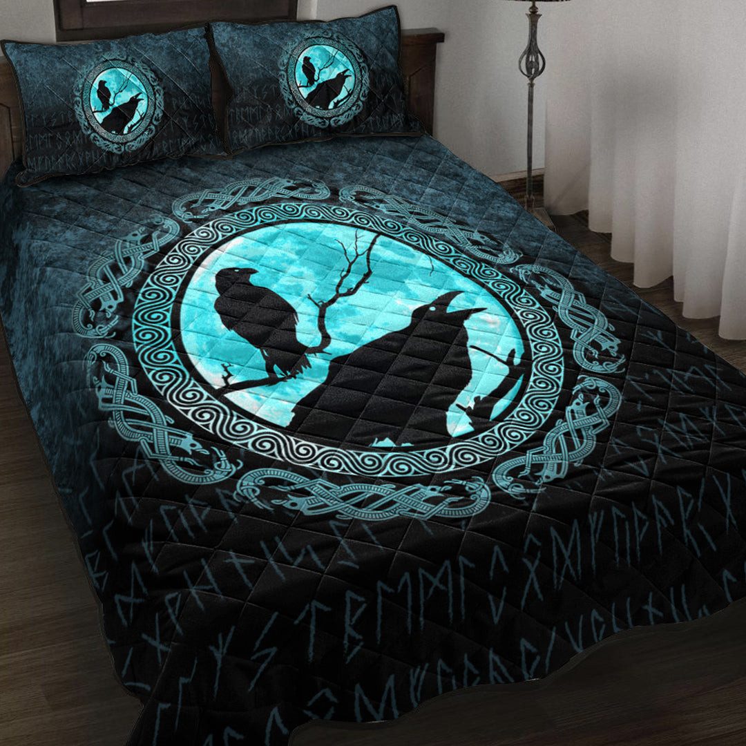 Viking Quilt Bedding Set Viking Huginn Muninn Odins Ravens Cyan Version