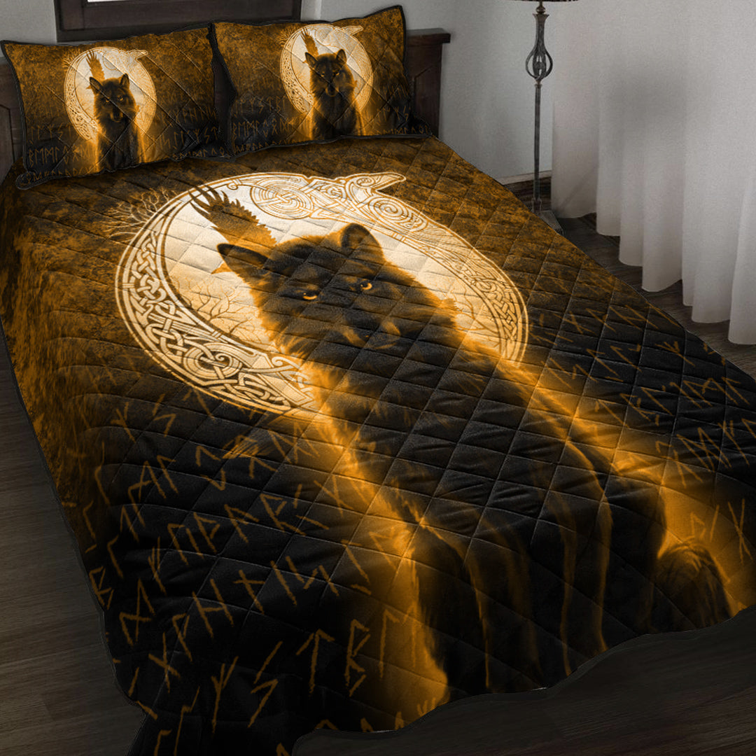 Viking Quilt Bedding Set Fenrir Viking Wolf Gold Version