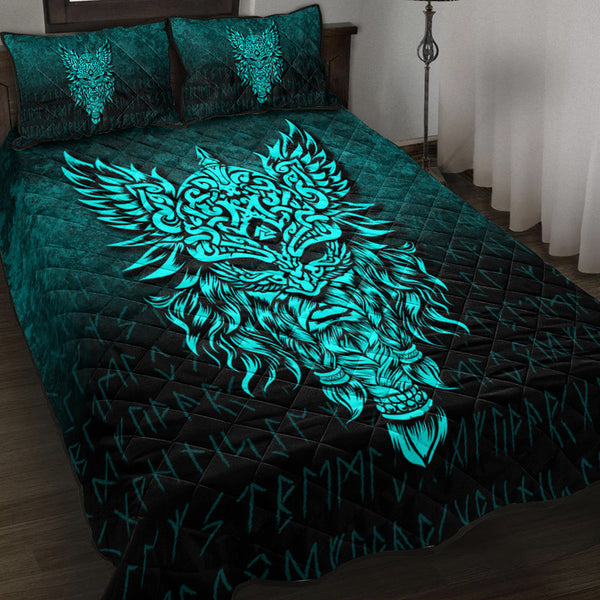 Viking Quilt Bedding Set Odin The Allfather Asgard God And Chief Of Aesir Cyan Version